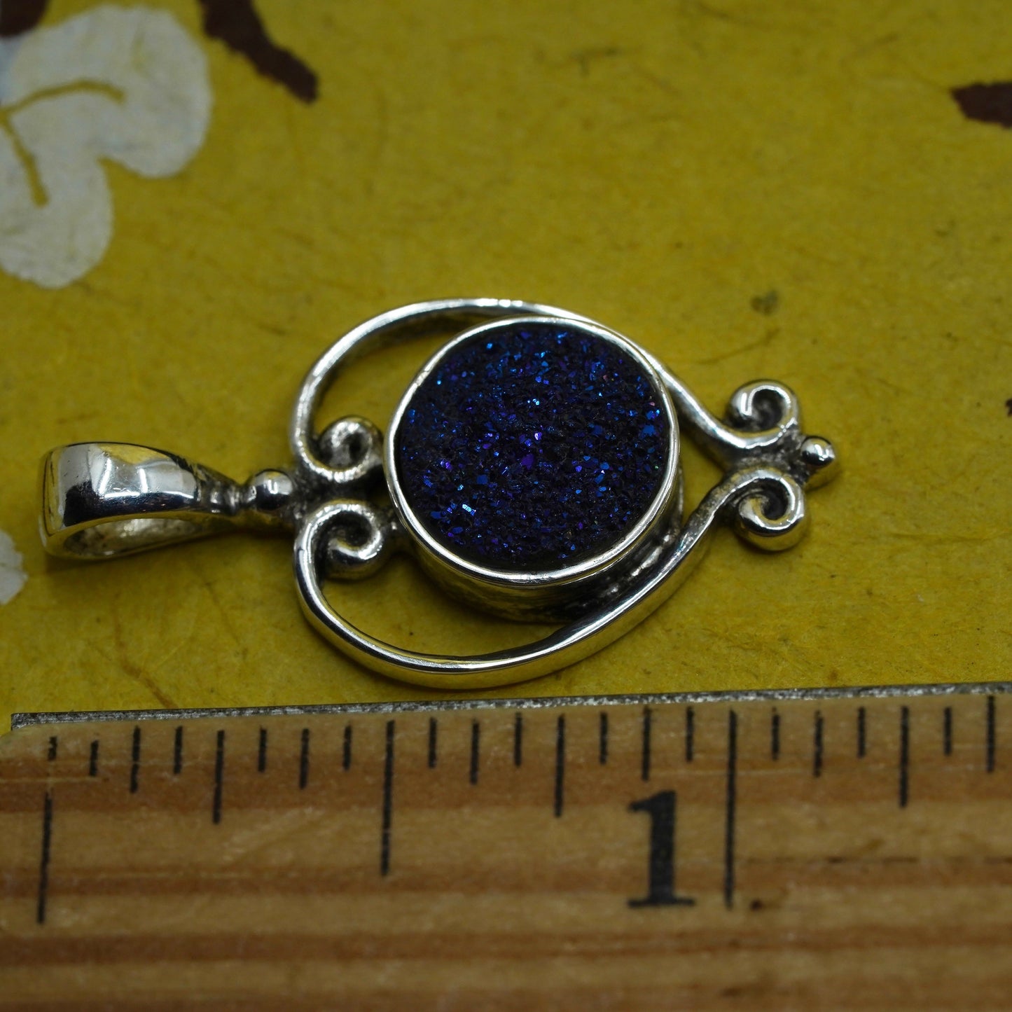 Vintage sajen Sterling silver handmade pendant, 925 silver with druzy pendant