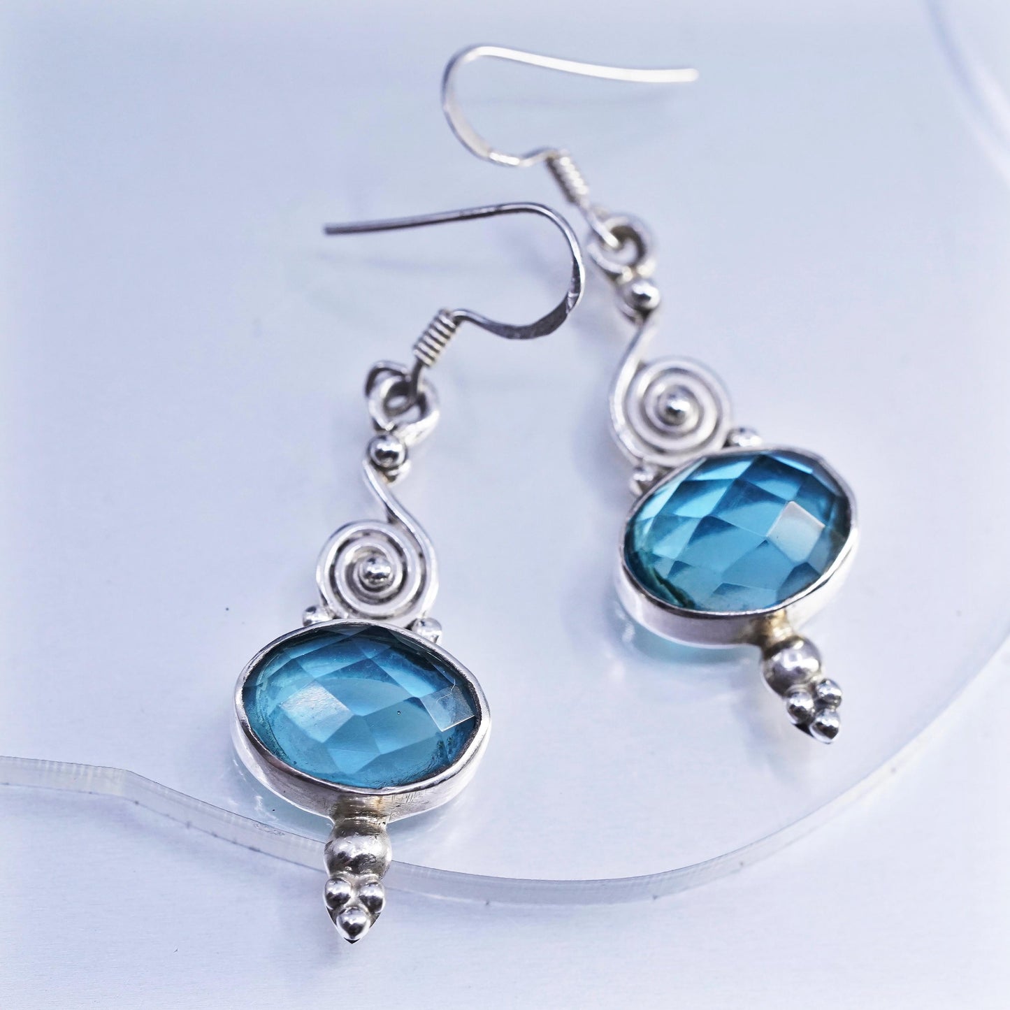 Vintage Sterling 925 silver handmade spiral earrings with blue crystal