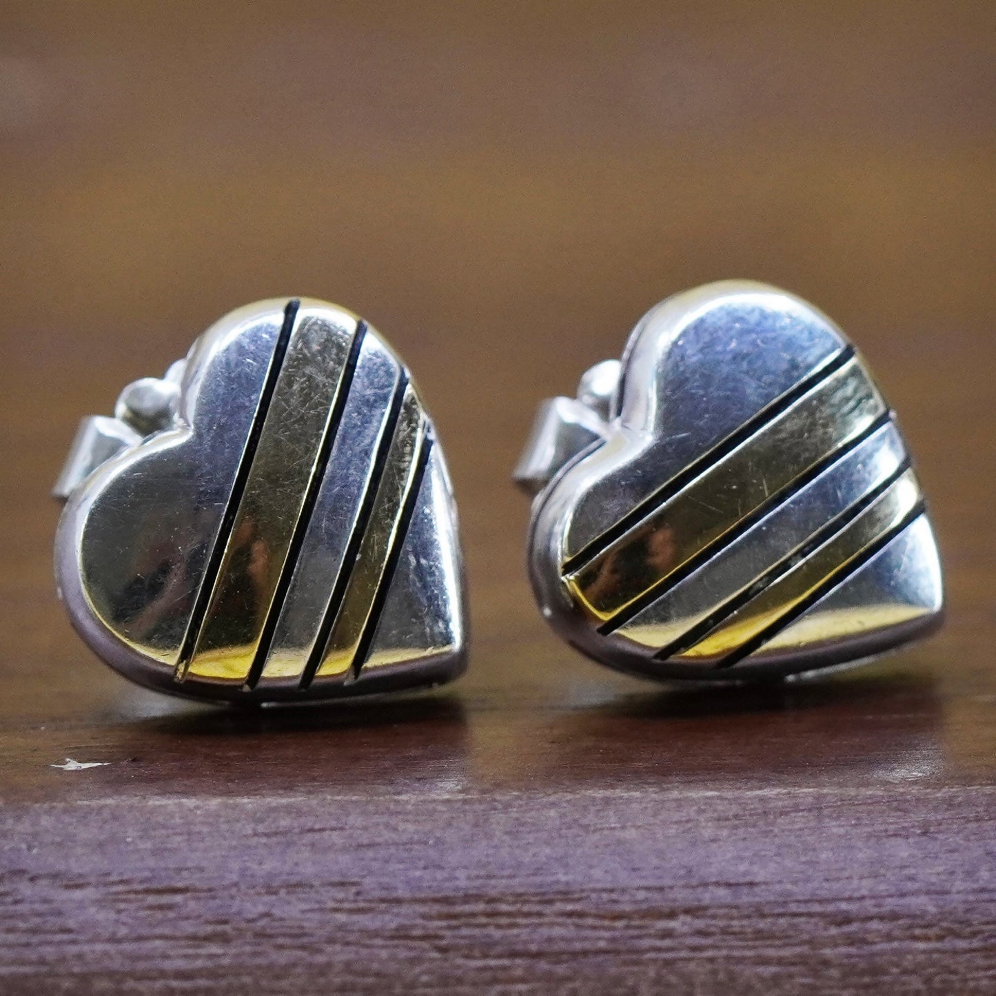 1”, vintage WR 18K gold accent with sterling silver handmade heart earrings