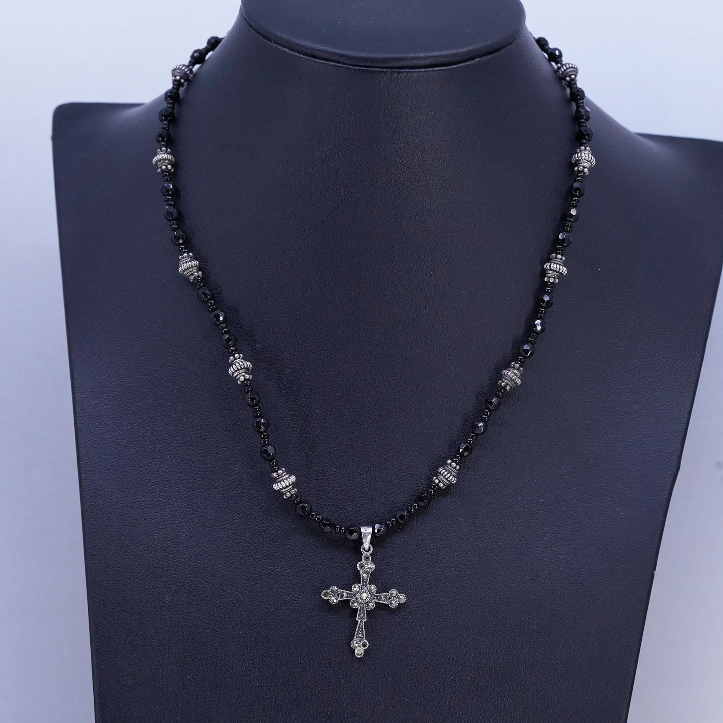 16", vintage Sterling 925 silver necklace with obsidian beads, cross pendant