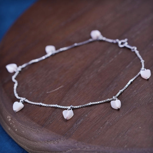 9”, Sterling silver handmade bracelet, 925 box chain with heart charms