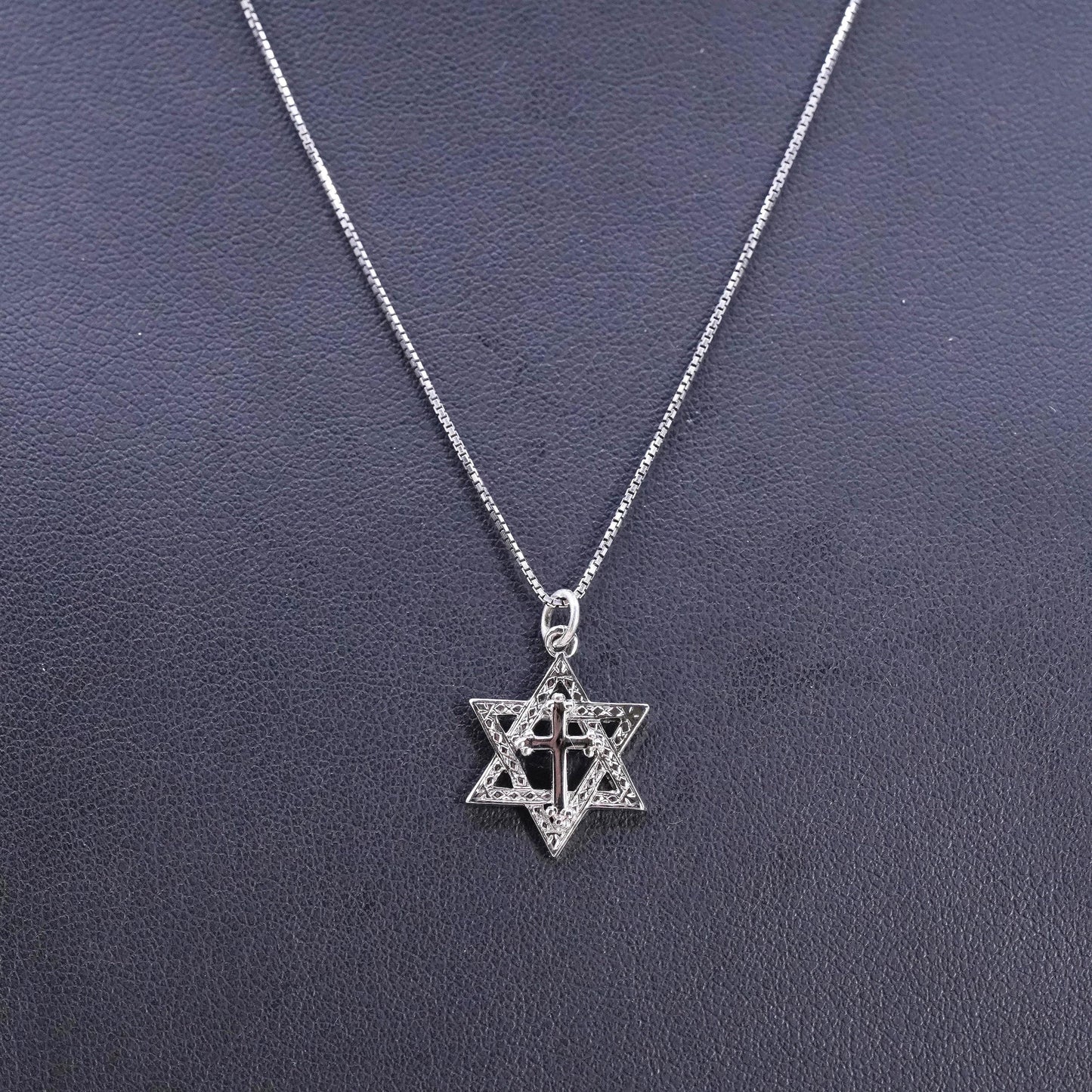 18” Sterling 925 silver box chain necklace hexagram Star of David cross pendant