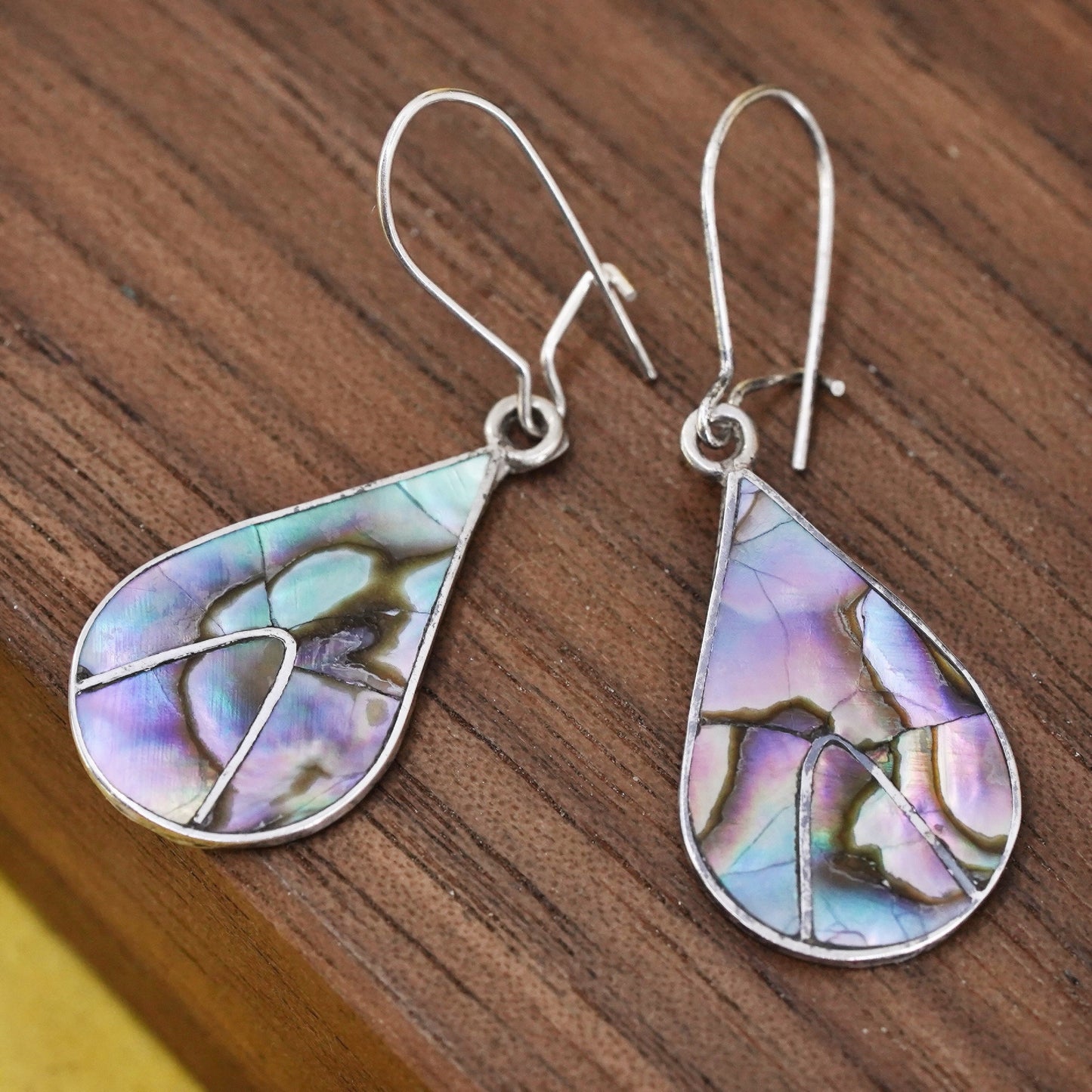 Vintage Sterling silver handmade earrings, 925 teardrop dangle with abalone