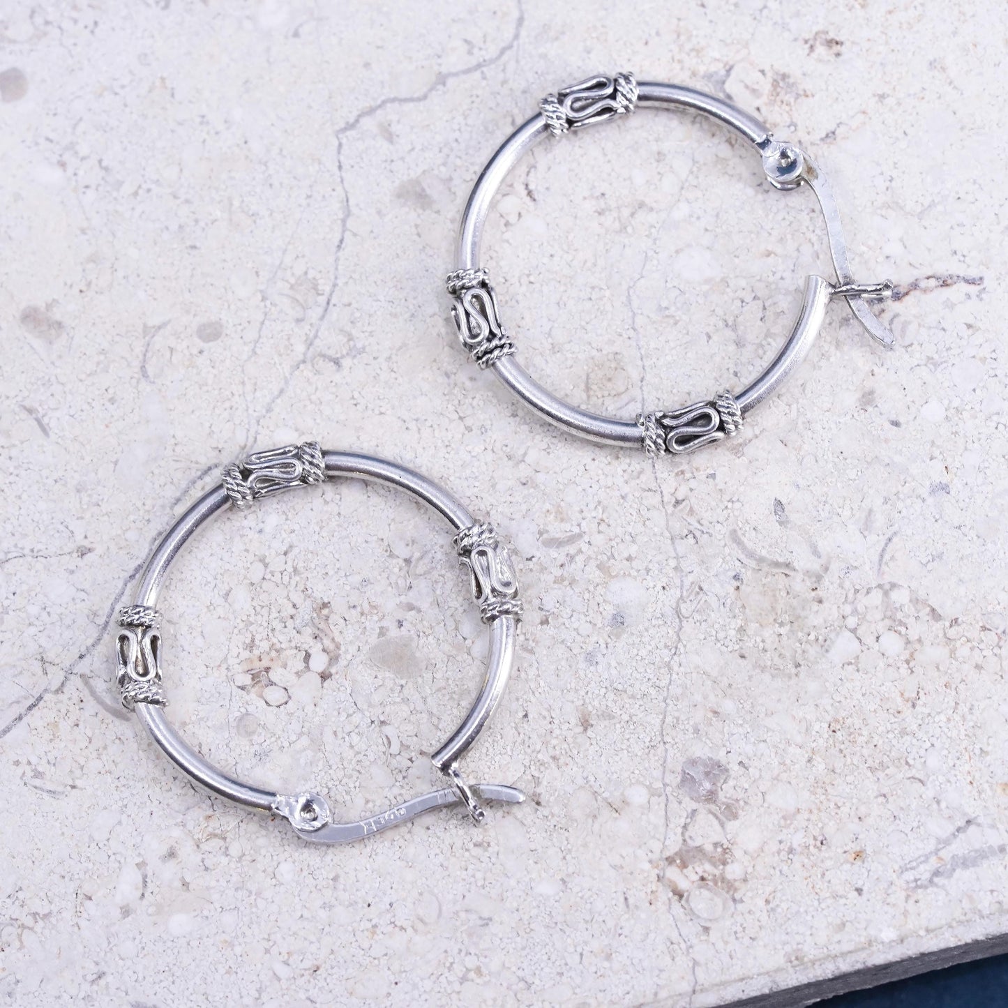1", vintage Sterling silver handmade earrings, 925 hoops with wired details