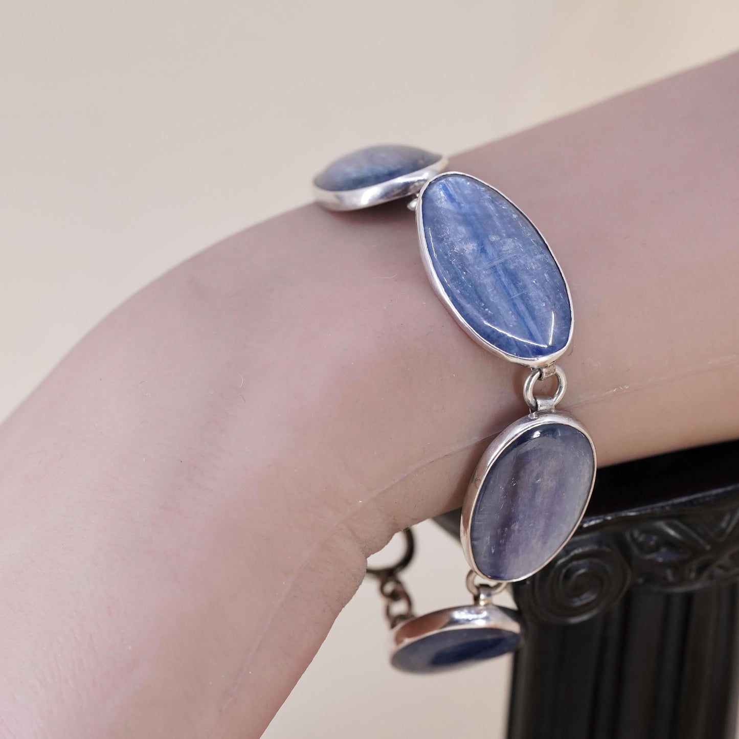 7”, Sterling 925 Silver Blue Kyanite Bracelet, Oval Kyanite Cabochon chain