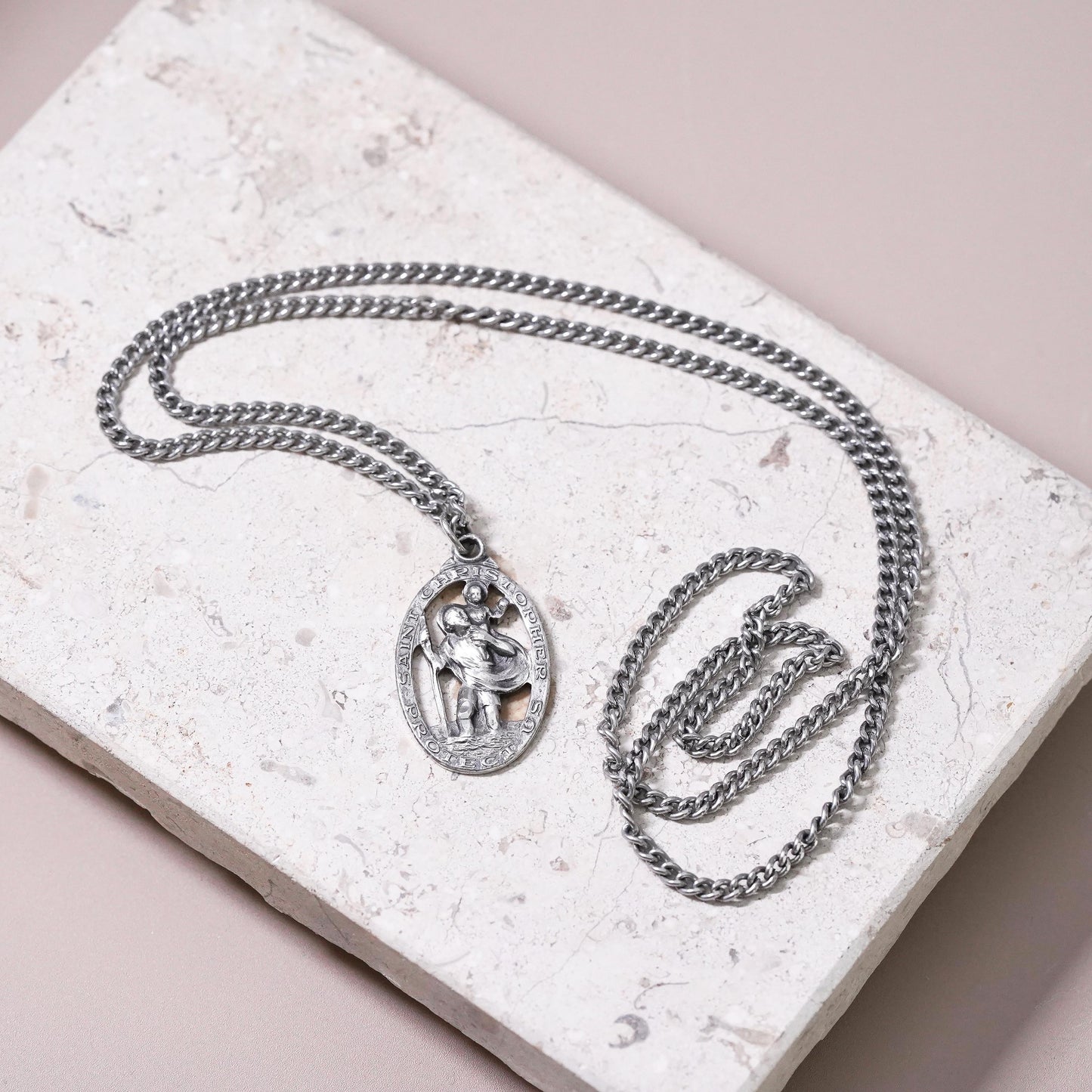 24” Sterling silver necklace, 925 chain Saint Christopher protect us pendant