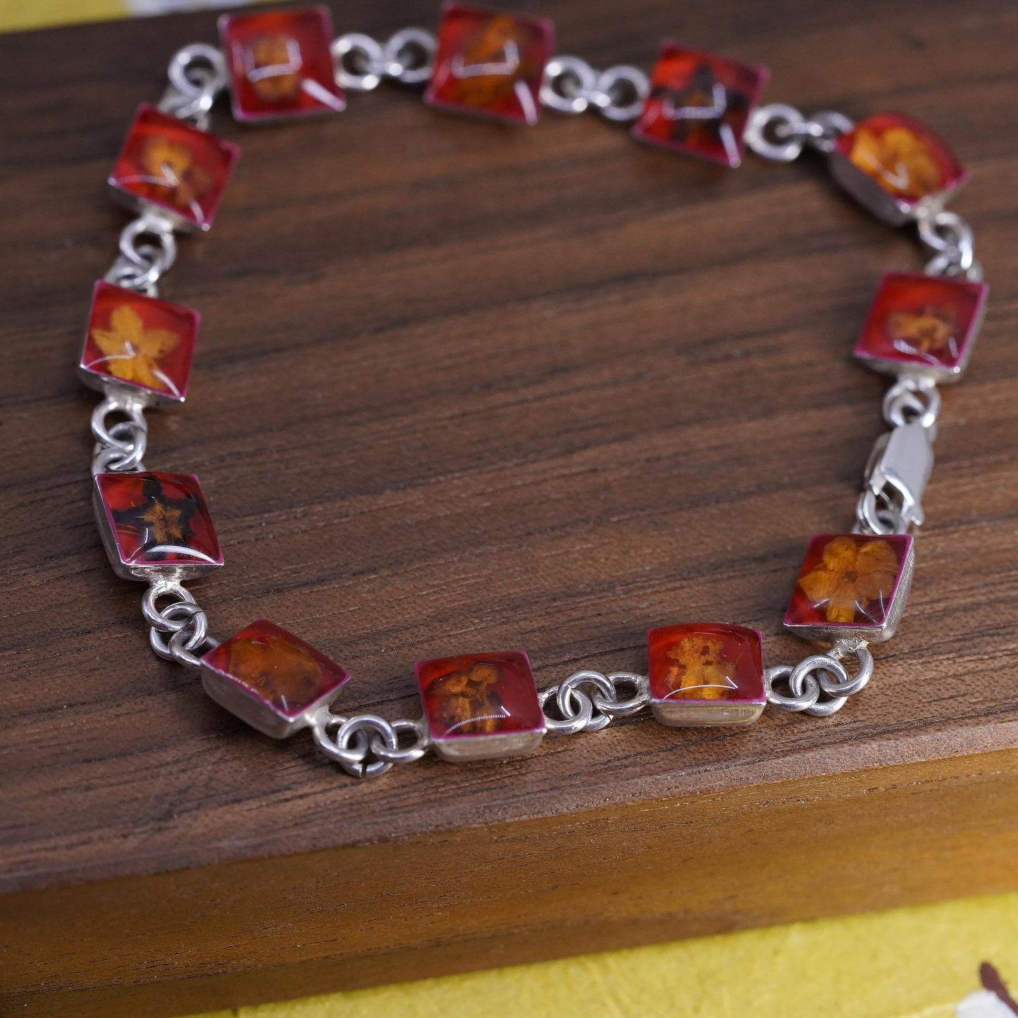7.5", Sterling Silver Pressed Flower Bracelet, Botanical Resin Link chain, Red