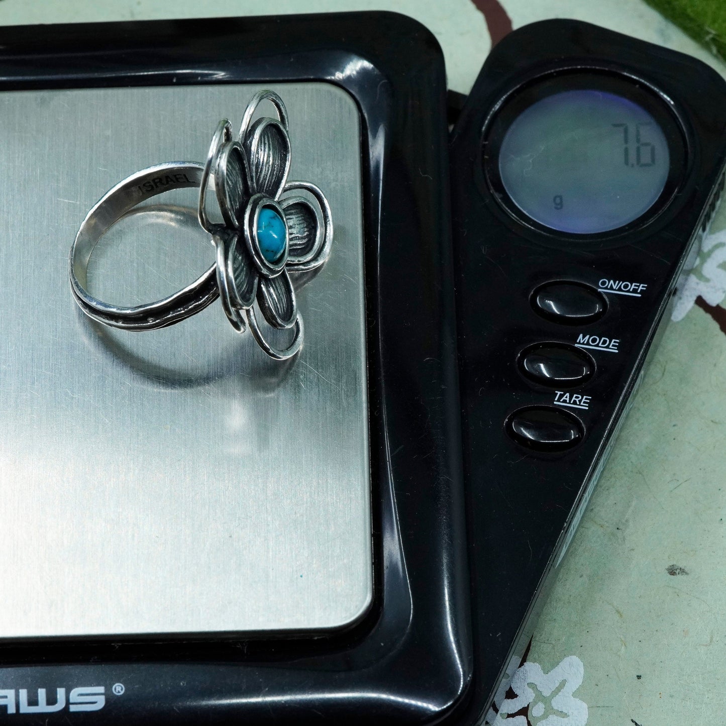 Size 9, Israel Sterling silver ring, 925 flower statement ring turquoise