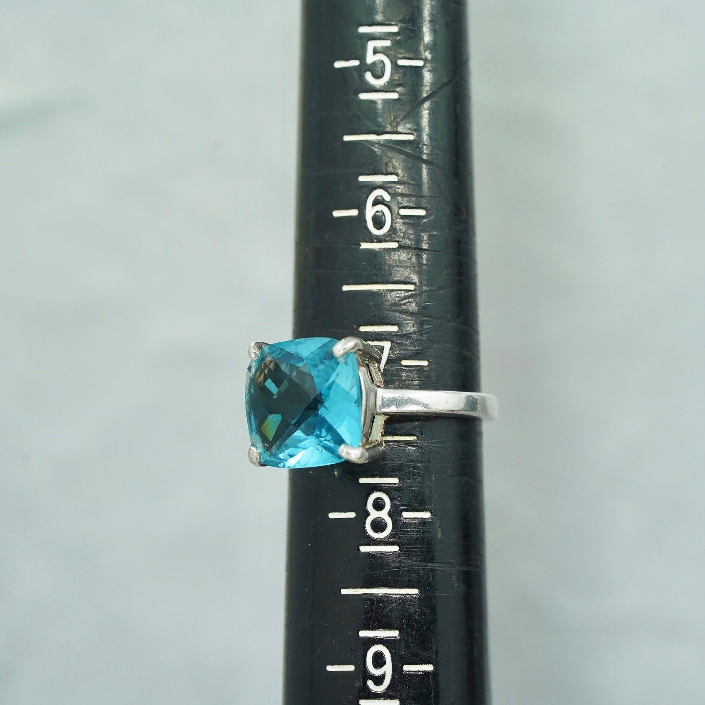 Size 7.25, vintage Sterling 925 silver band ring with checkerboard cut topaz