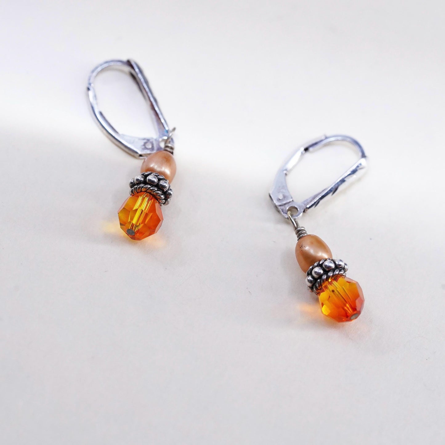 Vintage 925 Sterling silver earrings with orange pearl crystal drops Leverback