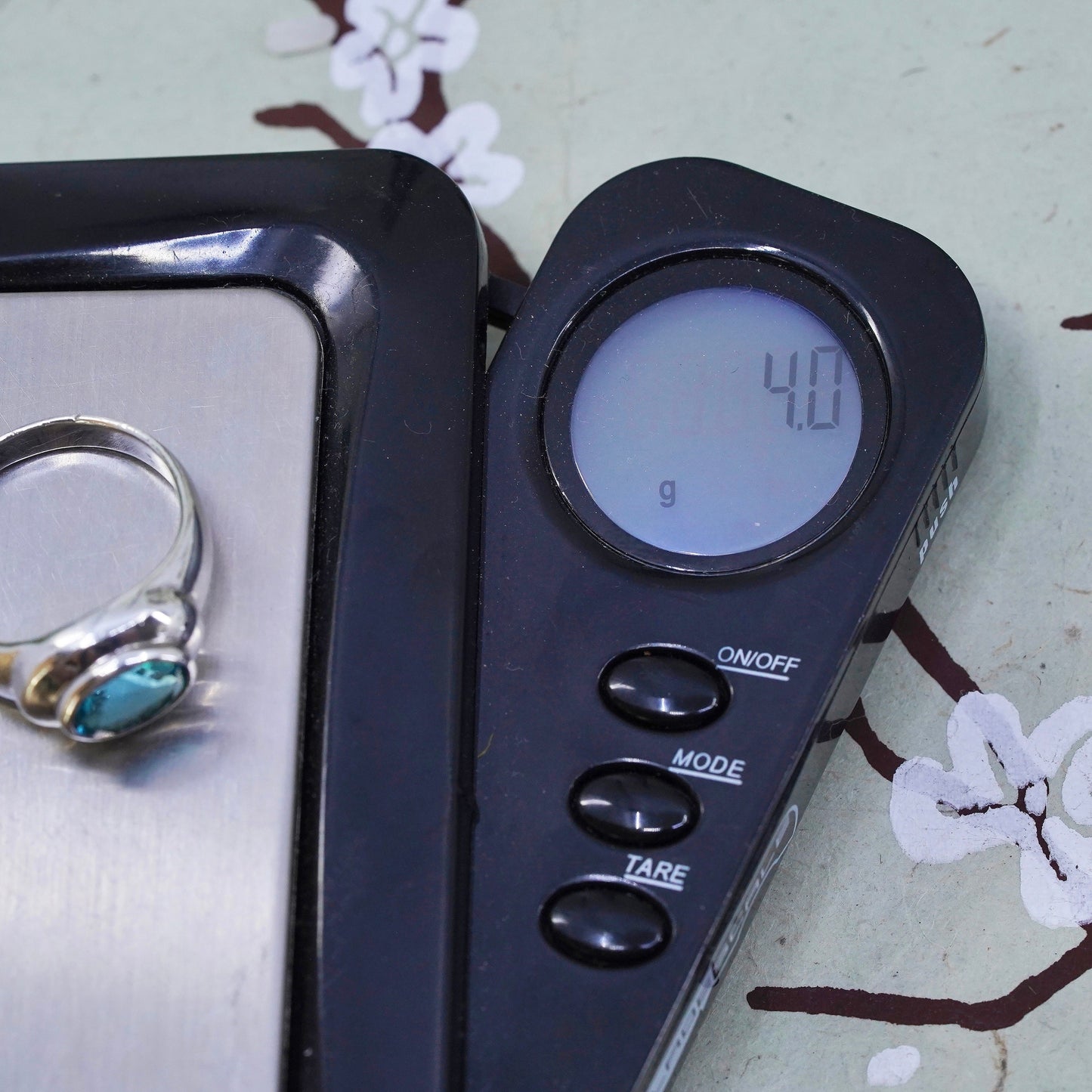 Size 7, vintage Sterling silver statement ring, 925 band with oval blue topaz