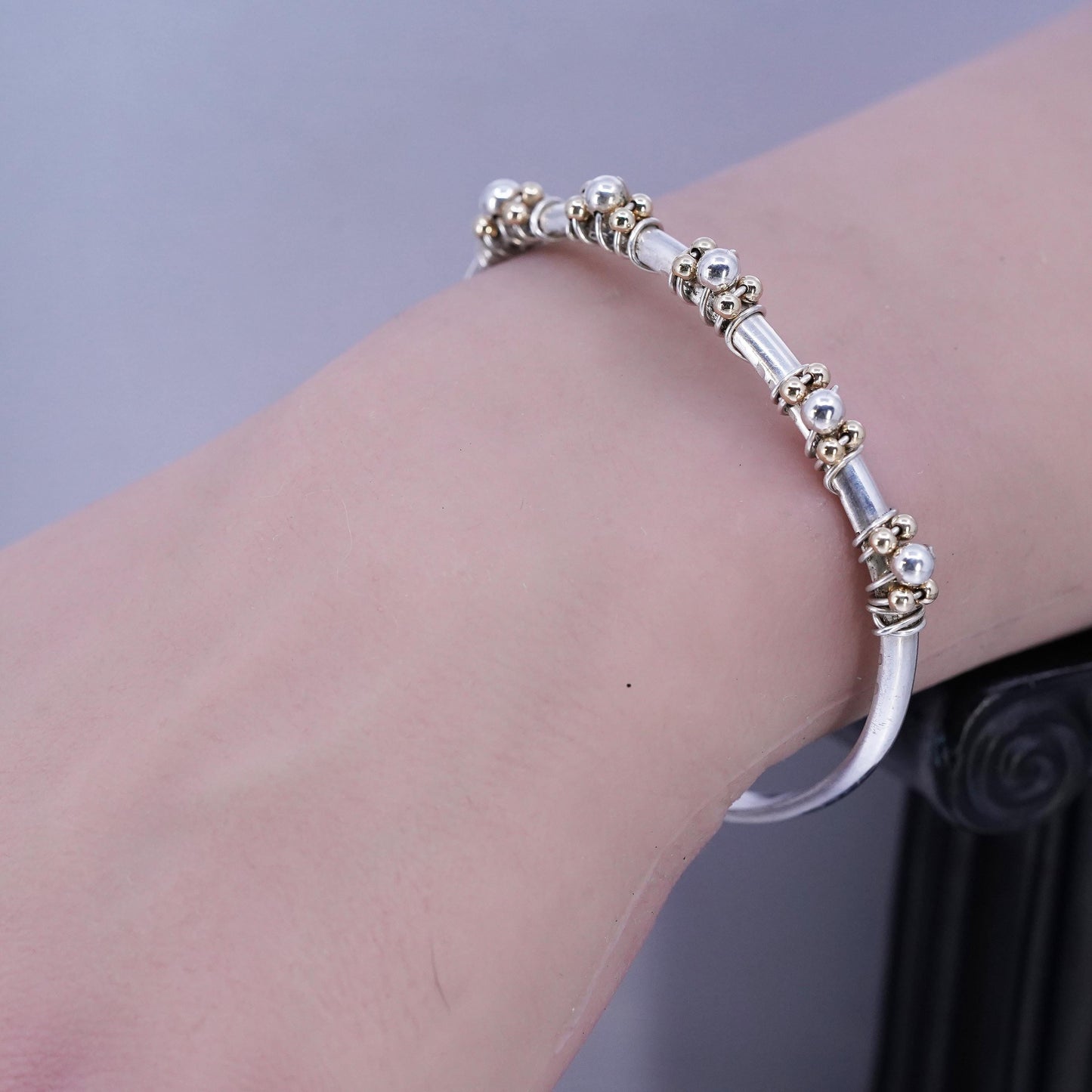 6.25", Marvin Lucas Sterling 925 silver bracelet, cuff 14K yellow gold beads