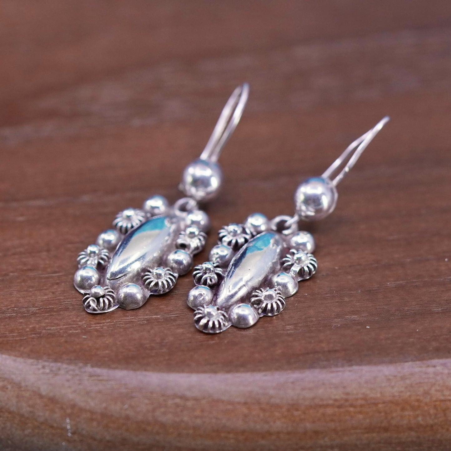 Vintage sterling silver handmade earrings, 925 marquise shaped beaded drop