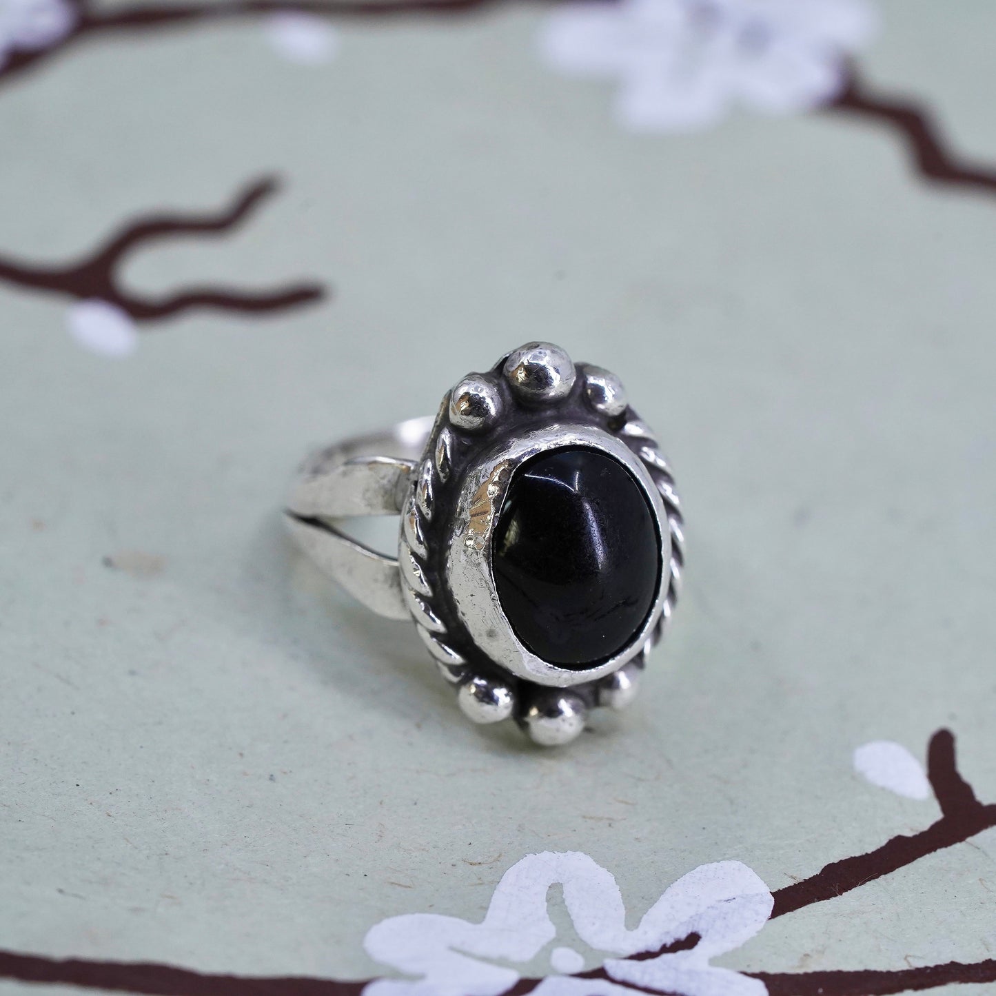 Size 4.5, Vintage sterling 925 silver handmade ring with onyx and bead details