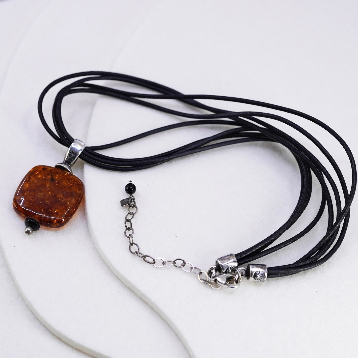 16+3”, Silpada 925 Sterling Silver Amber Pendant Leather Necklace N1285 amber