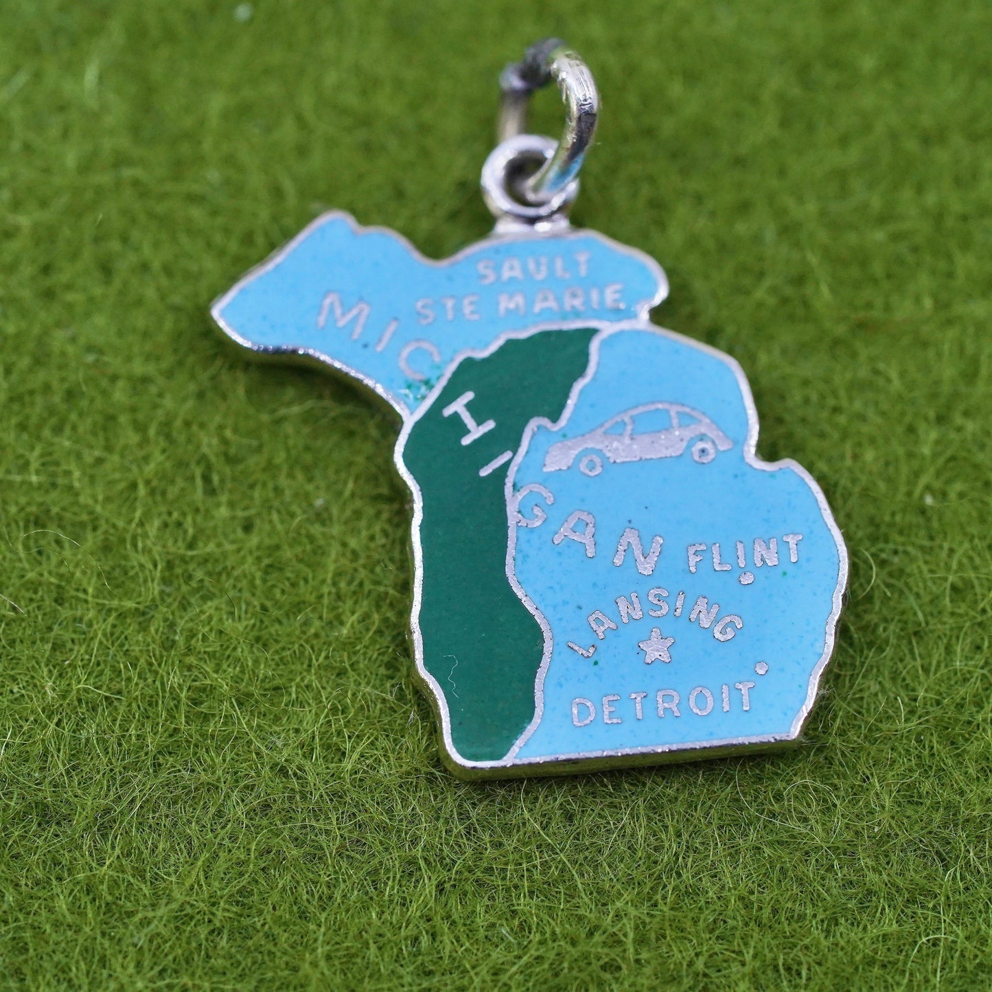 Vintage sterling handmade traveler pendant, 925 enamel Michigan state tag