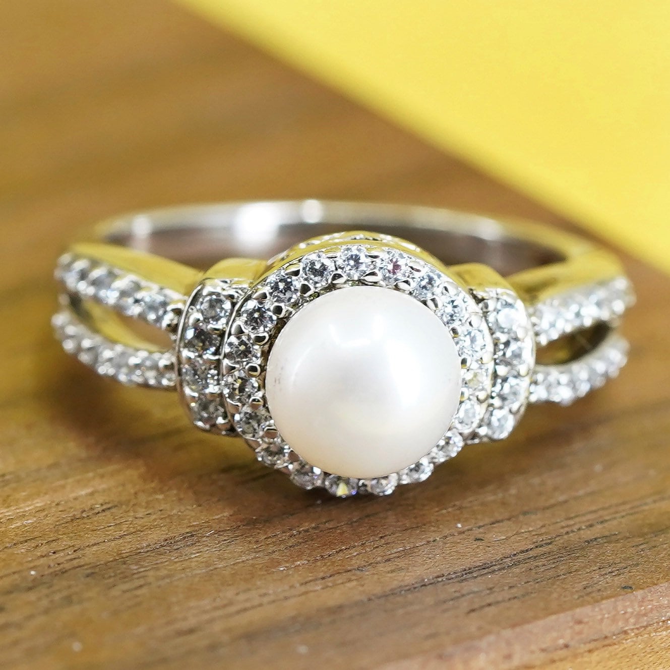 size 7.25, Sterling 925 silver handmade ring, stackable band with cz and pearl