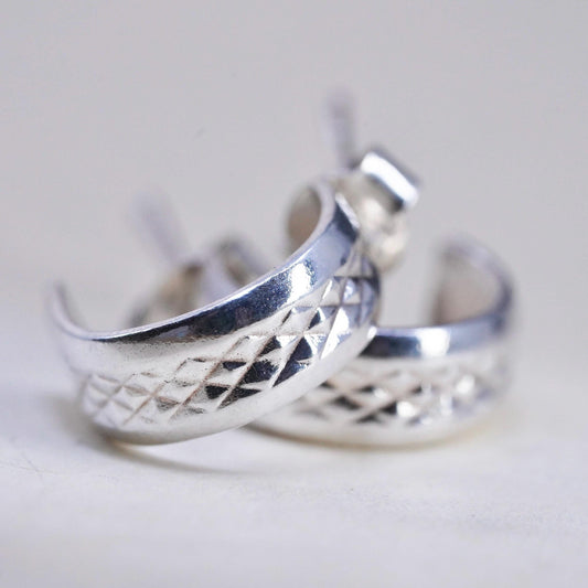 0.5”, Vintage Sterling silver earrings, 925 Diamond cut textured Huggie studs