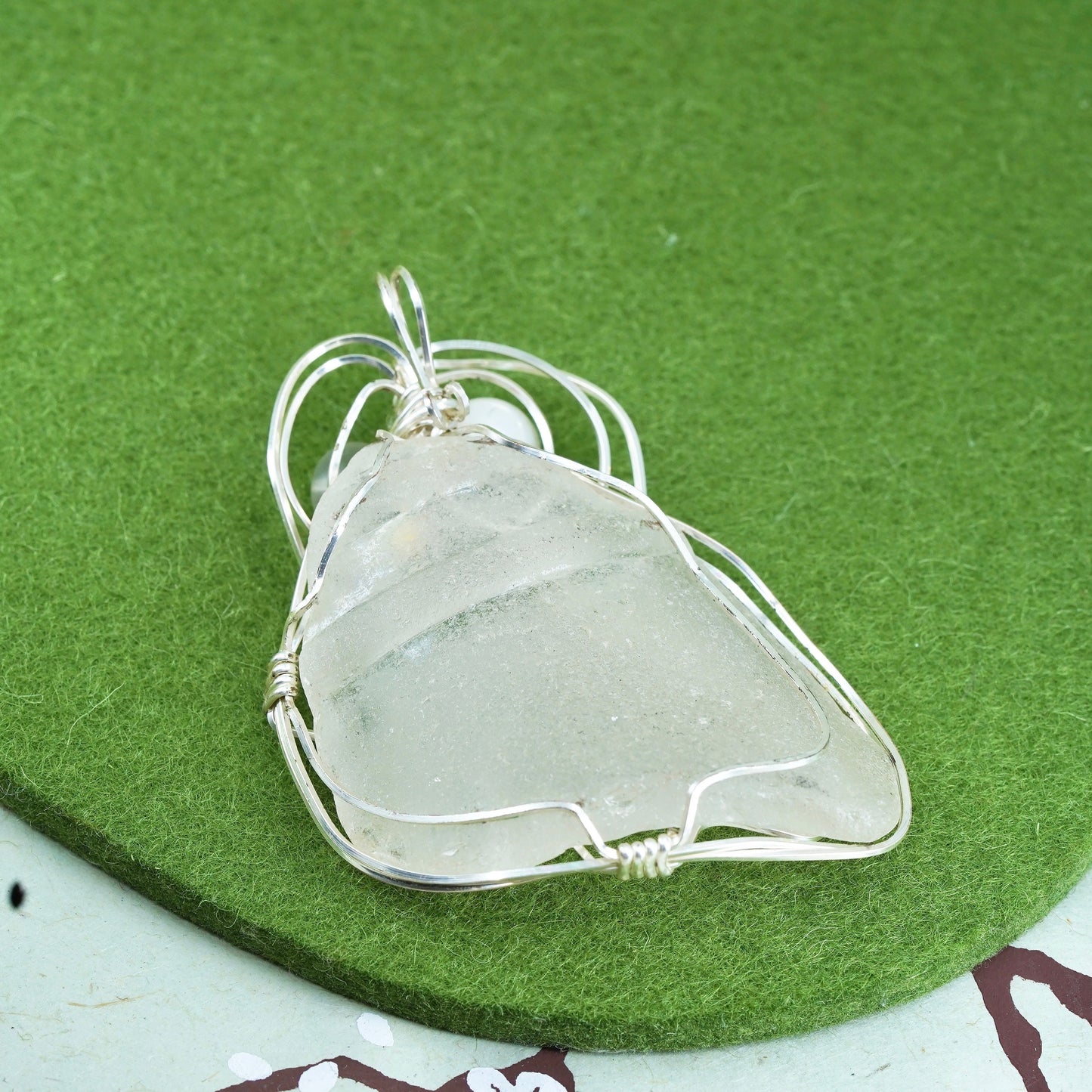 Vintage Sterling silver handmade pendant, 925 wired charm with sea washed glass