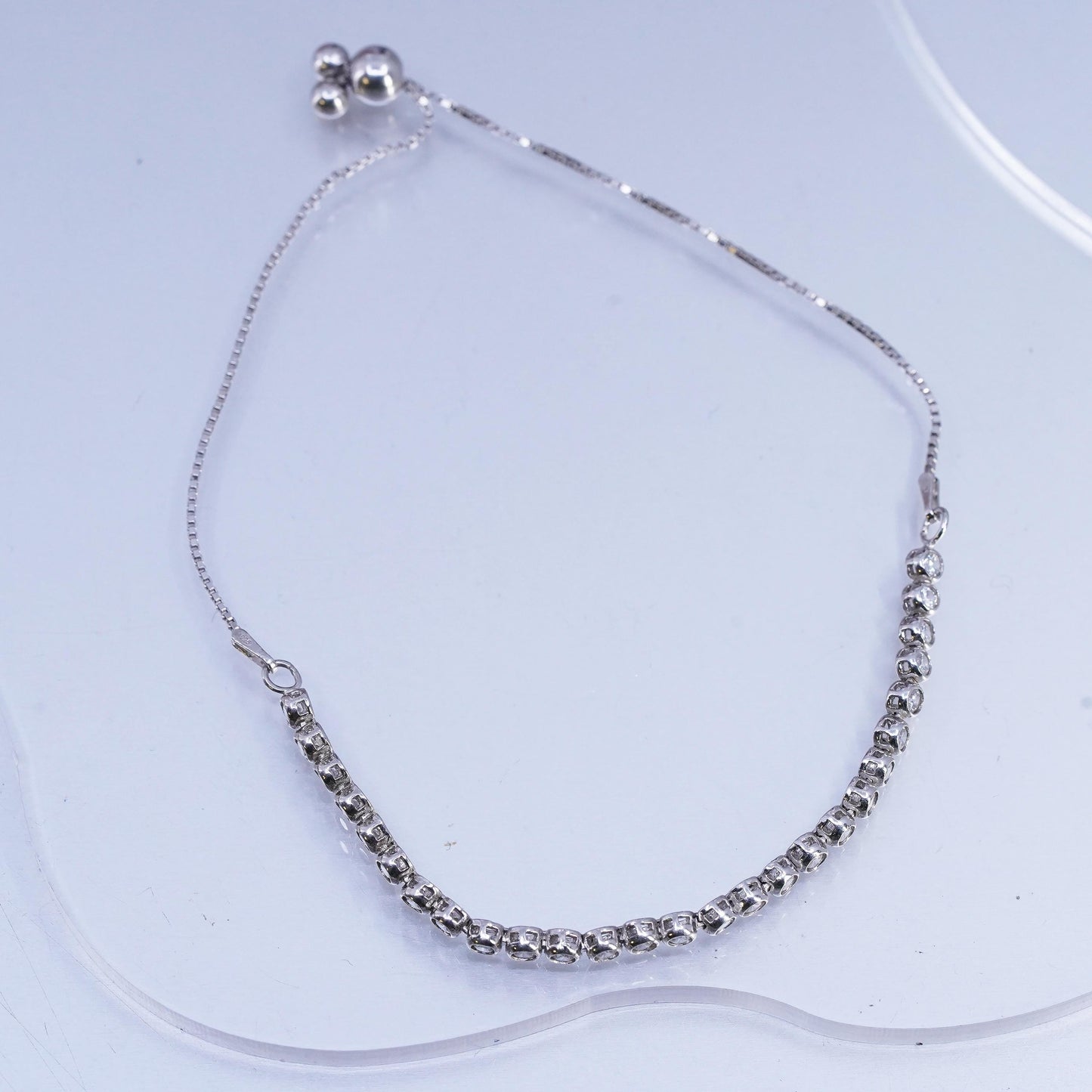 Size adjustable. Sterling 925 silver tennis bracelet, box chain cluster cz bar