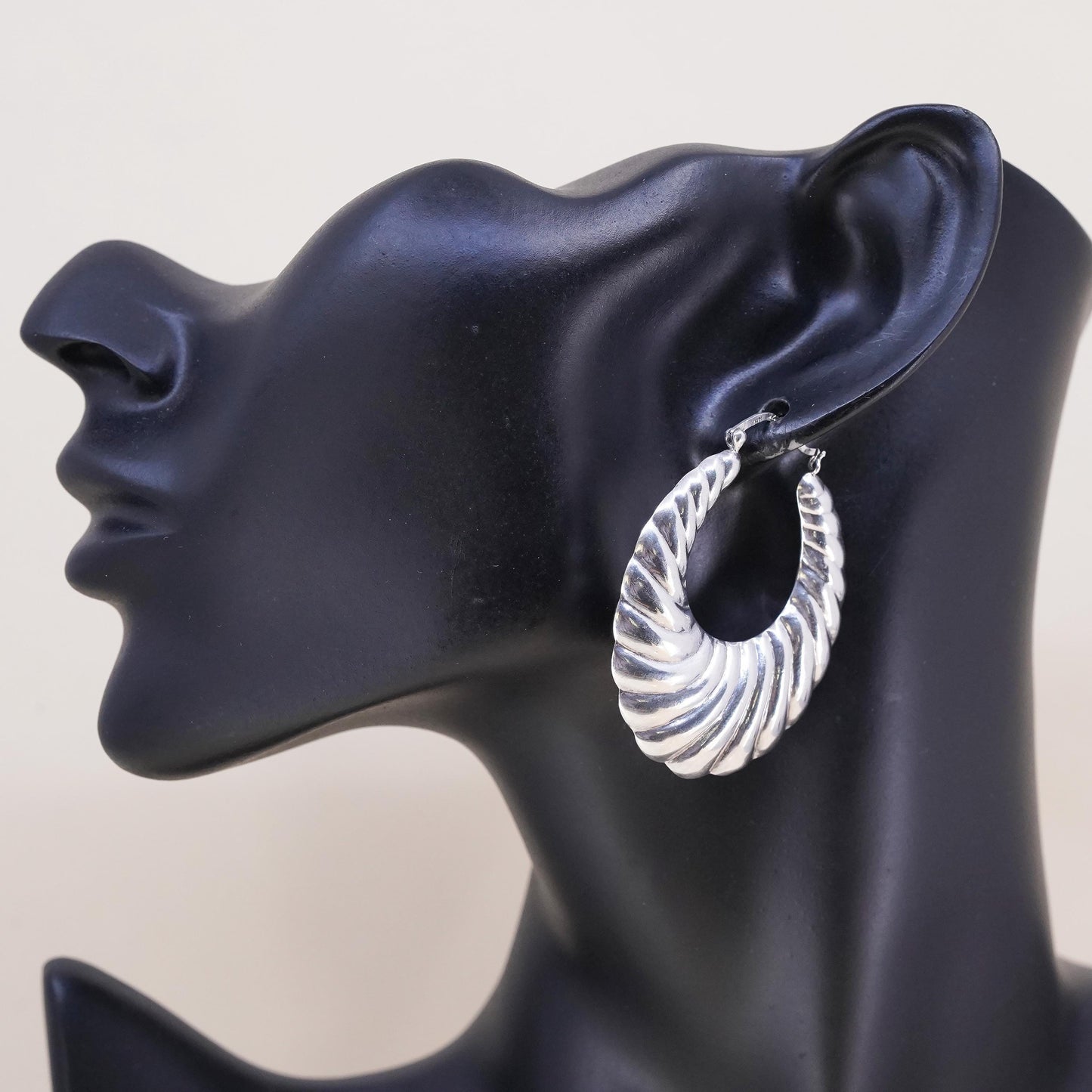 1.75", Vintage sterling silver loop single earring, ribbed primitive hoop