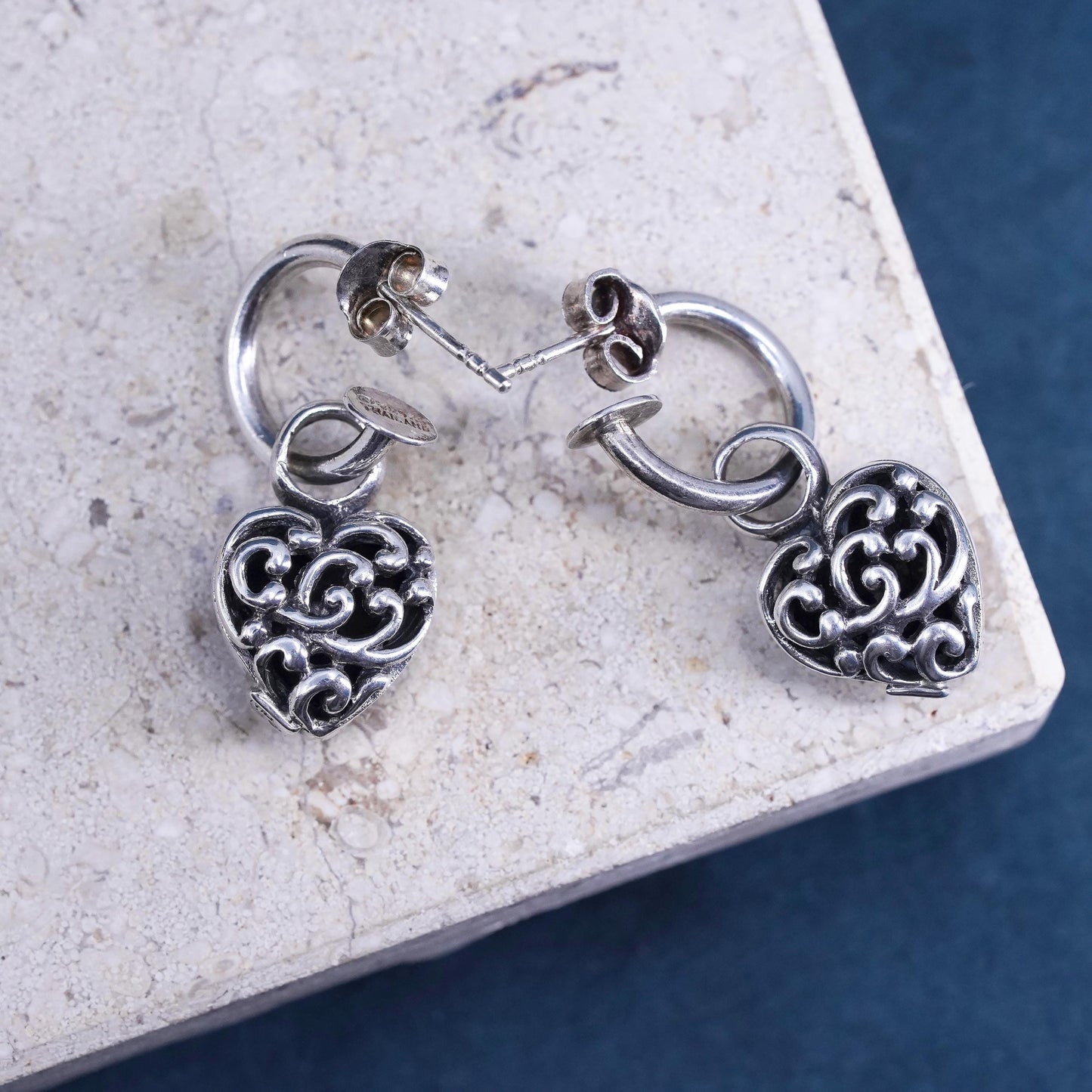 0.5”, Sterling silver earrings, 925 huggie hoops with double sided heart charms