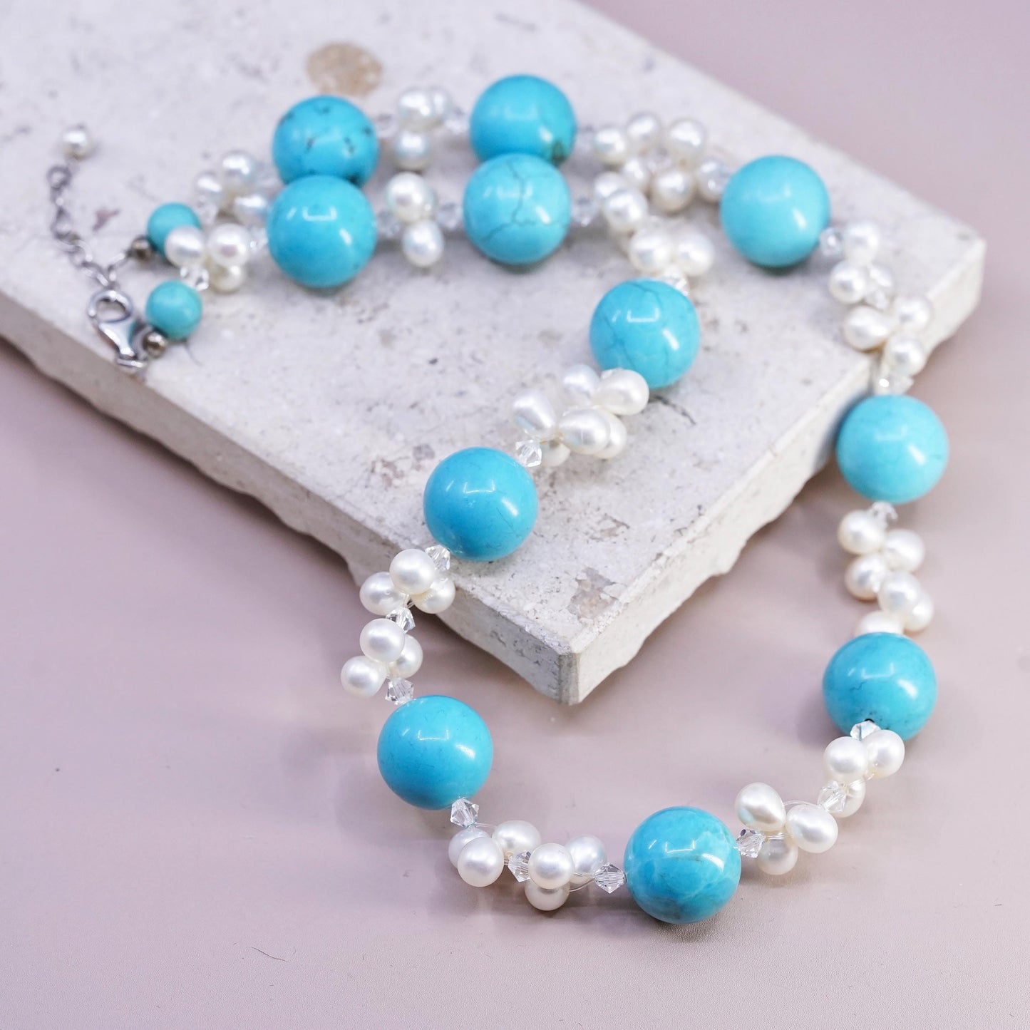 18+1.5", Sterling 925 silver necklace w/ freshwater pearl 15mm turquoise beads