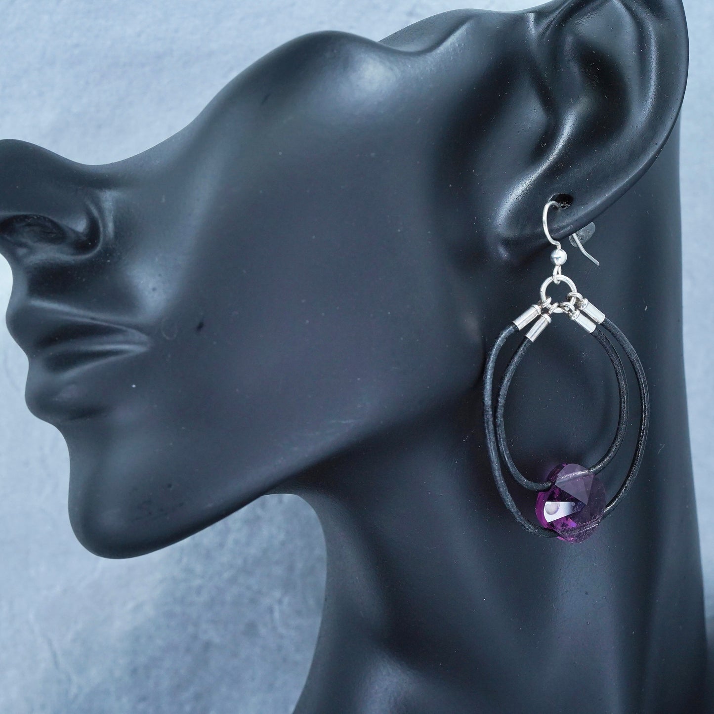1.75”, vintage Sterling silver handmade earrings, 925 hooks with black leather amethyst