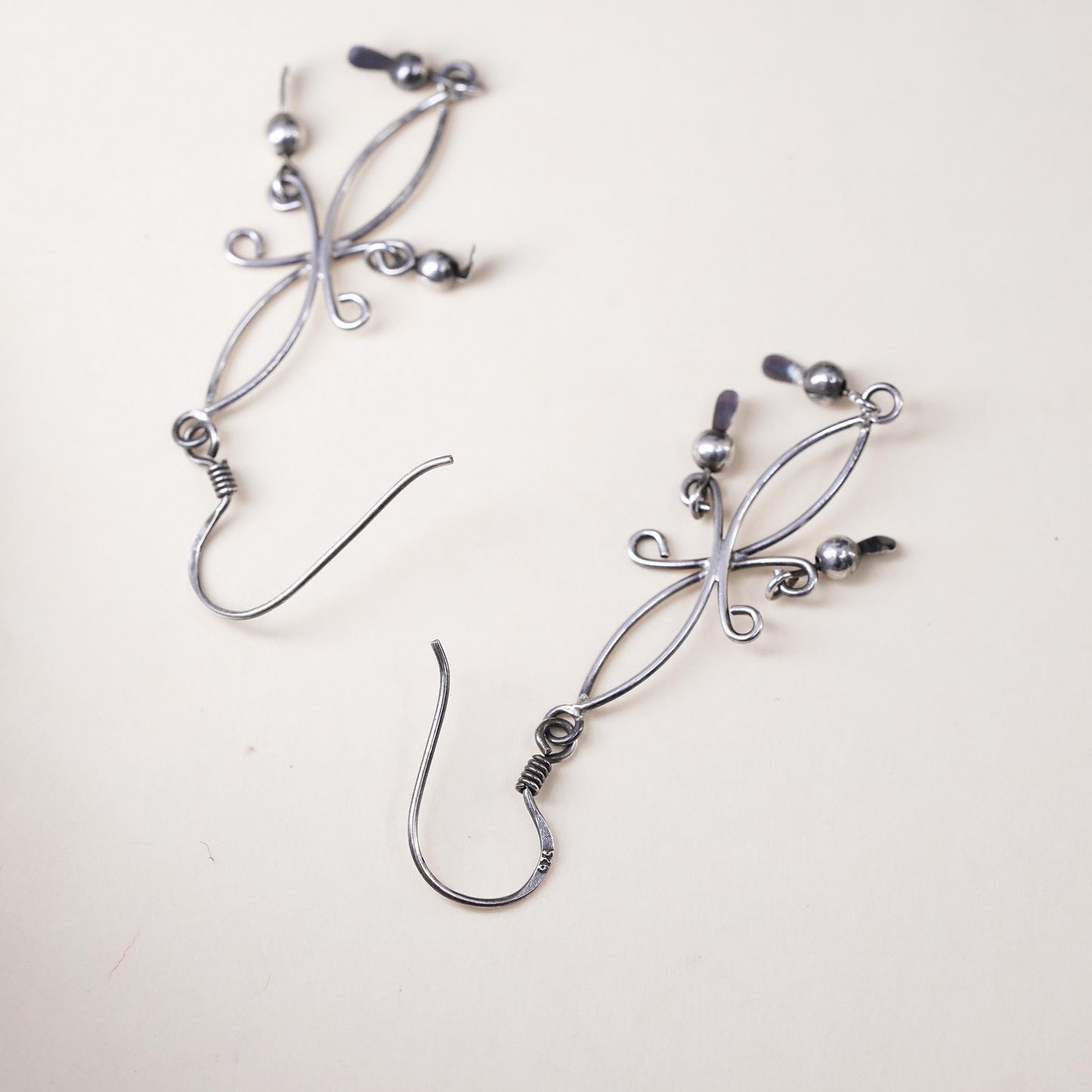 Vintage Sterling silver handmade earrings, 925 silver wired dangles