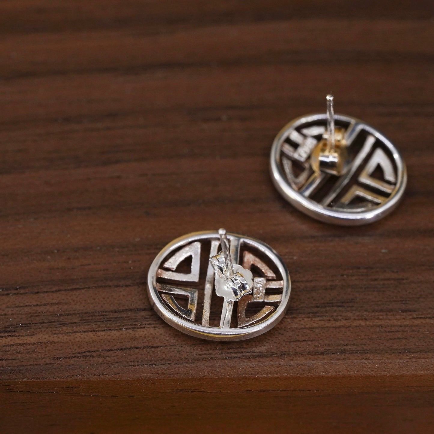 Vintage Sterling silver handmade earrings, 925 greek key oval studs