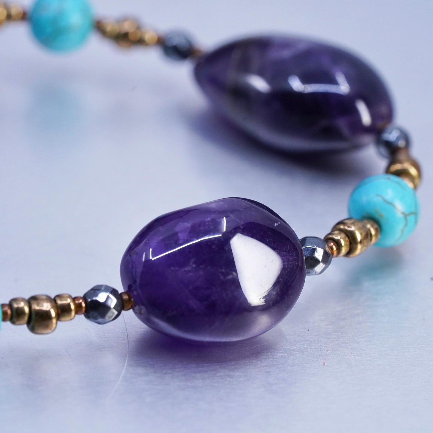 30", turquoise amethyst nugget beads necklace with sterling silver 925 brass