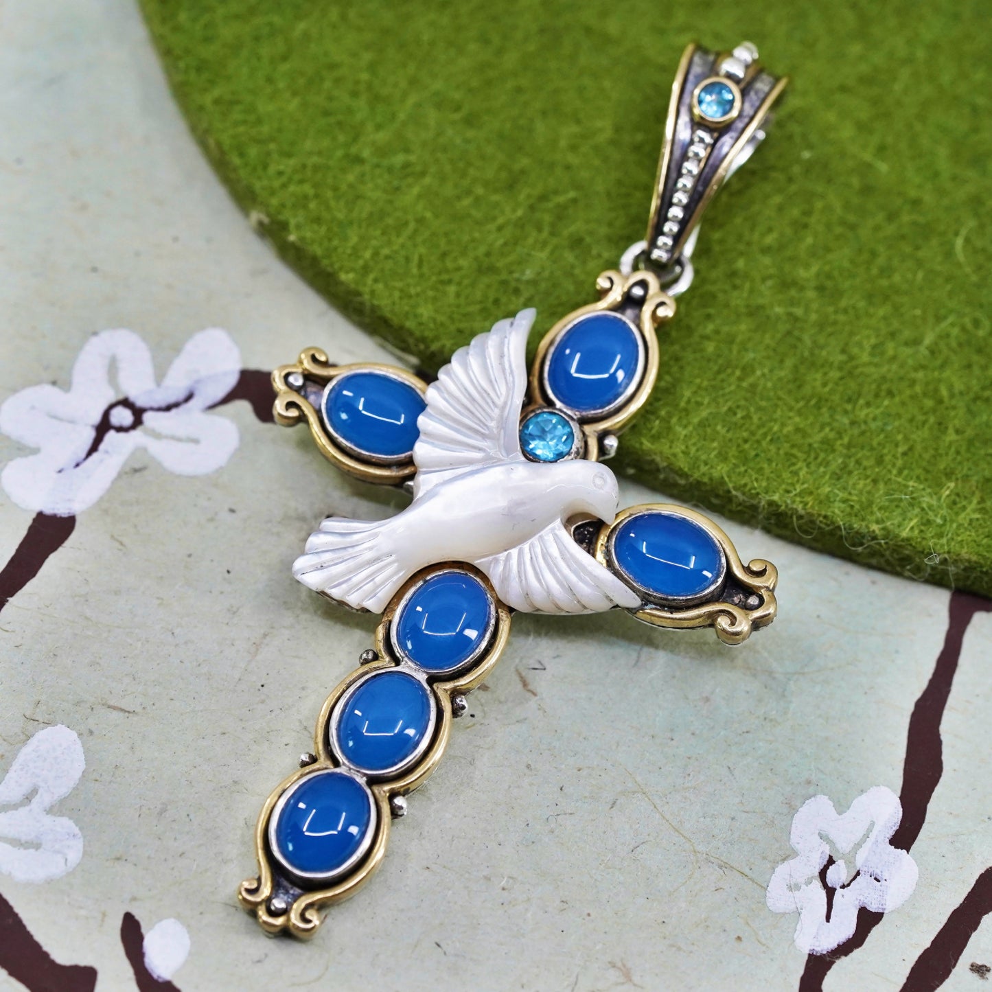 two tone sterling silver handmade pendant, 925 cross with mother of pearl dove