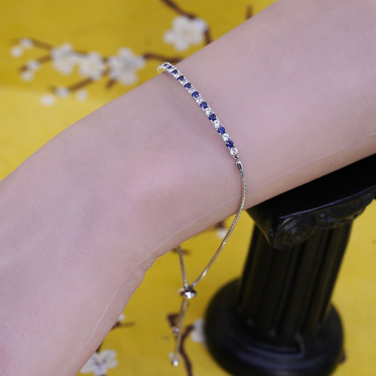 vintage PM Sterling silver bracelet, 925 box chain sapphire white topaz bar