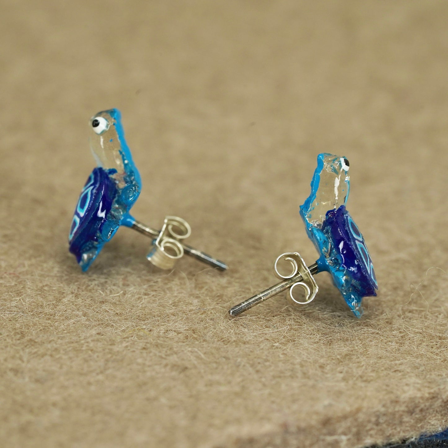 Vintage silver tone earrings, studs with blue turtle inlay