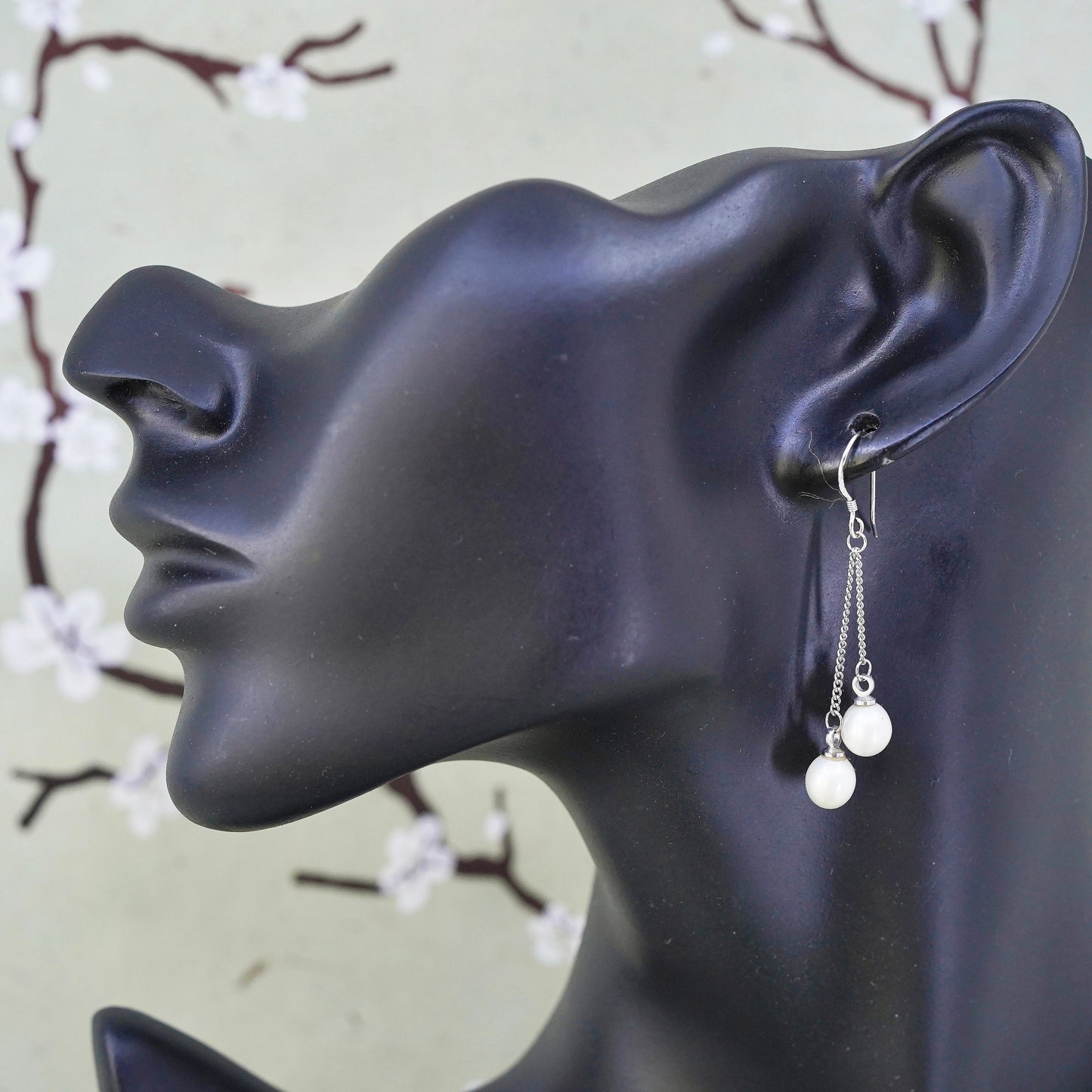 vintage Sterling 925 silver handmade earrings with oval freshwater pearl