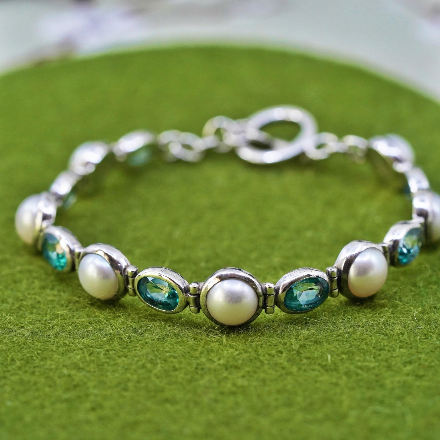 6.75", Vintage JCD Sterling silver tennis bracelet, 925 chain with topaz pearl