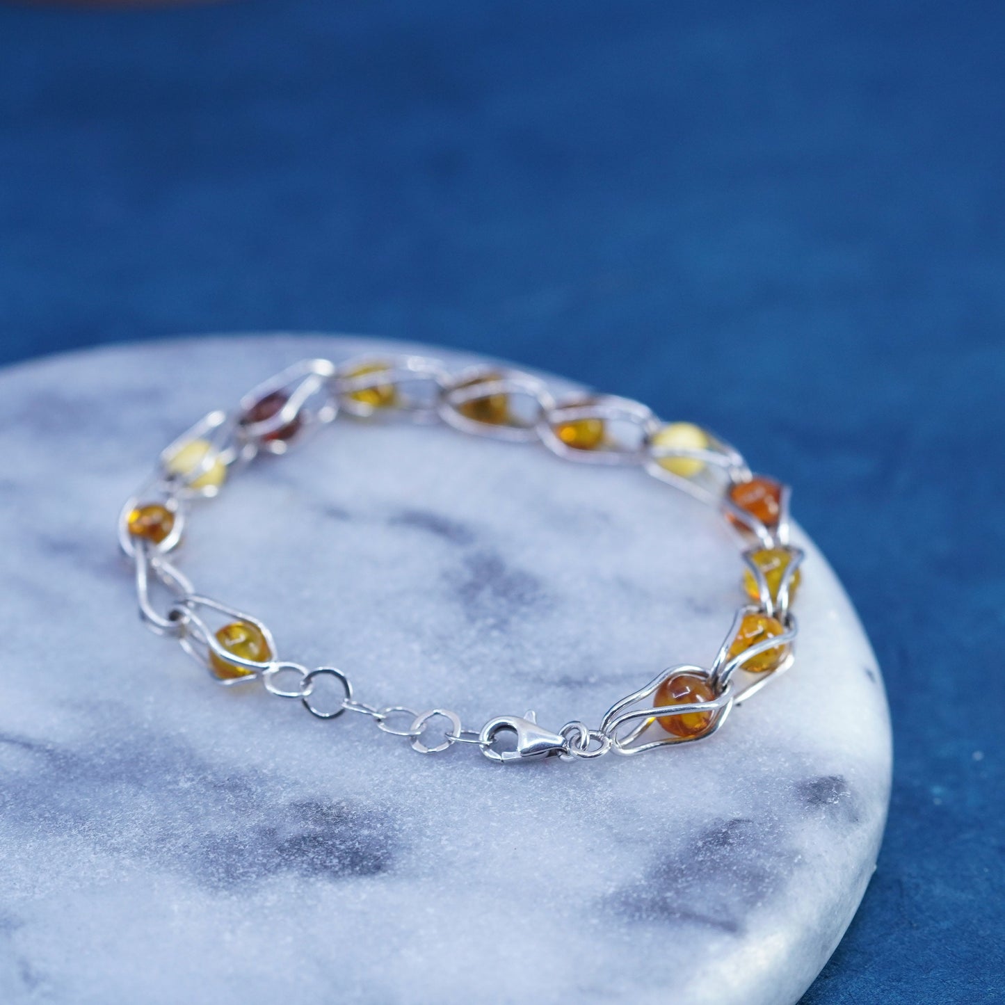 7.5”, vintage sterling silver 925 handmade bracelet with amber beads