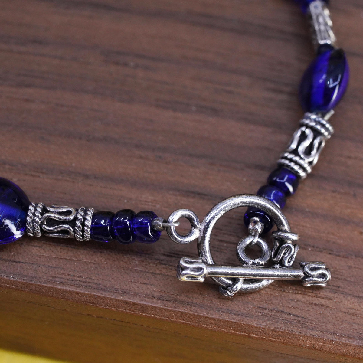 7", vintage Sterling 925 silver handmade bracelet, blue glass beads bracelet