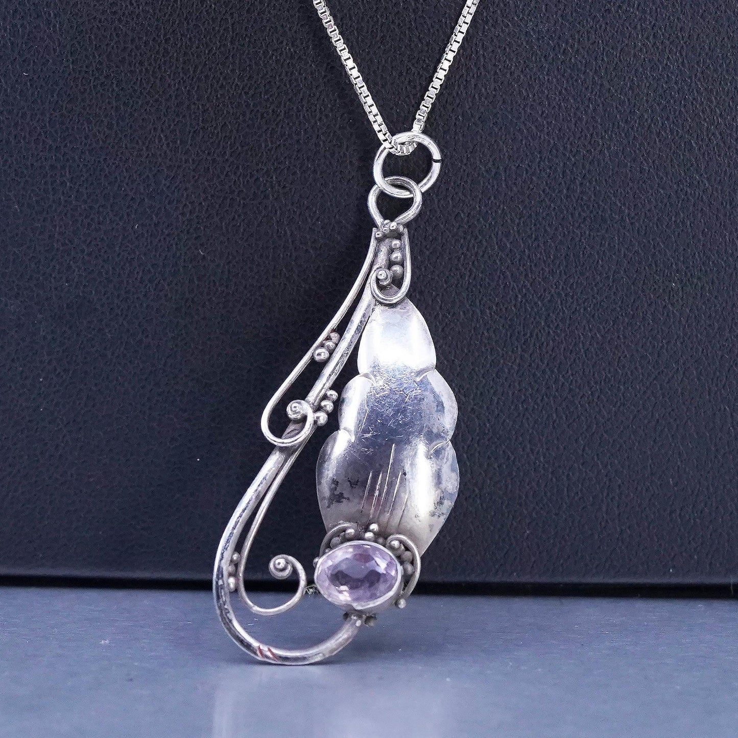 24", Vintage Sterling 925 silver box chain necklace teardrop amethyst pendant