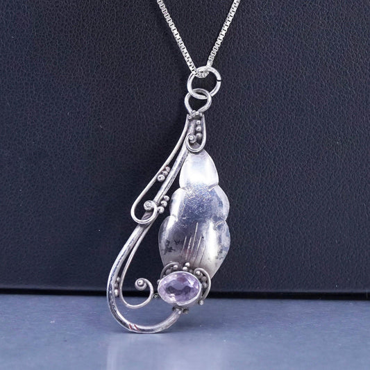24", Vintage Sterling 925 silver box chain necklace teardrop amethyst pendant