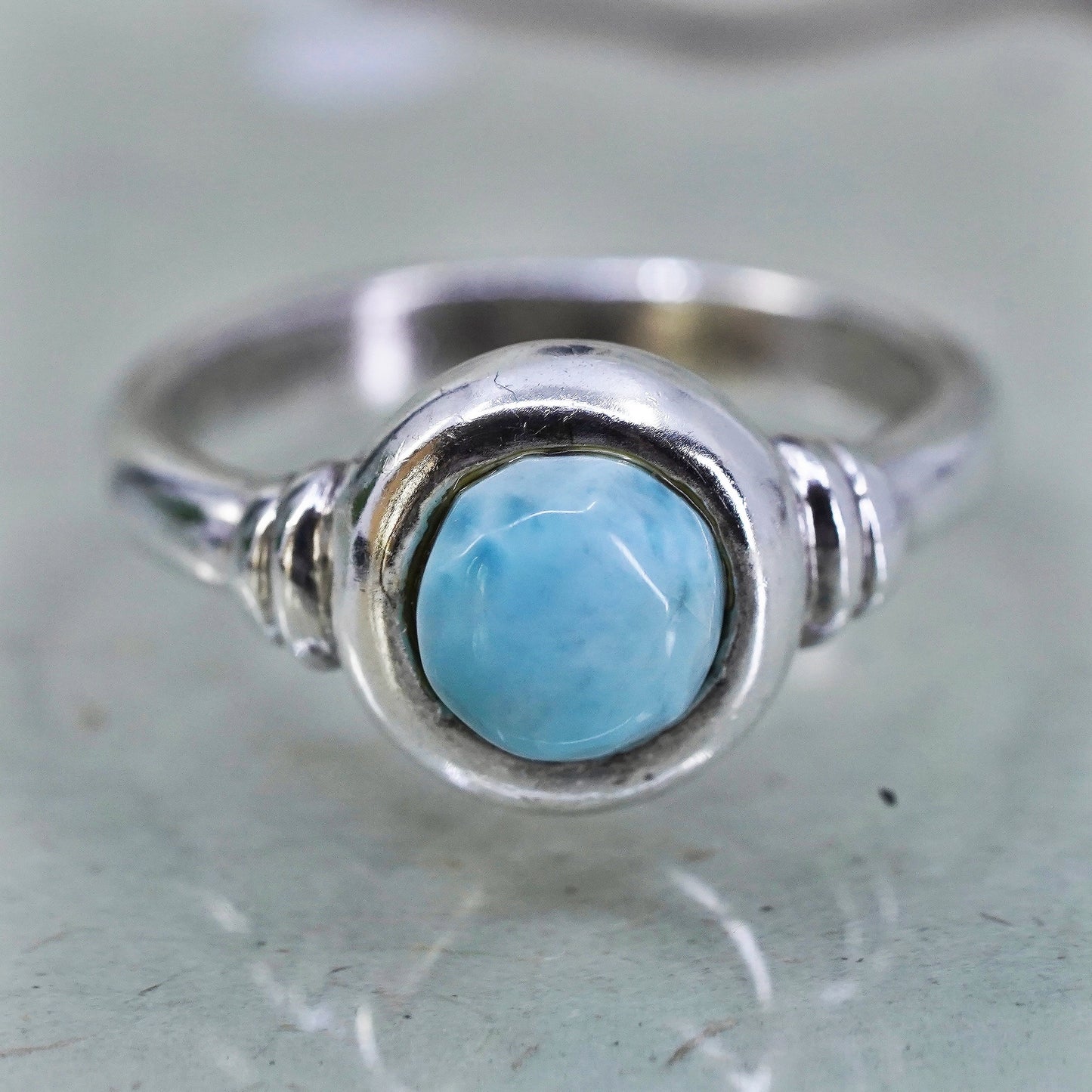 Size 7.25, Vintage Sterling silver handmade ring, 925 band with Larimar