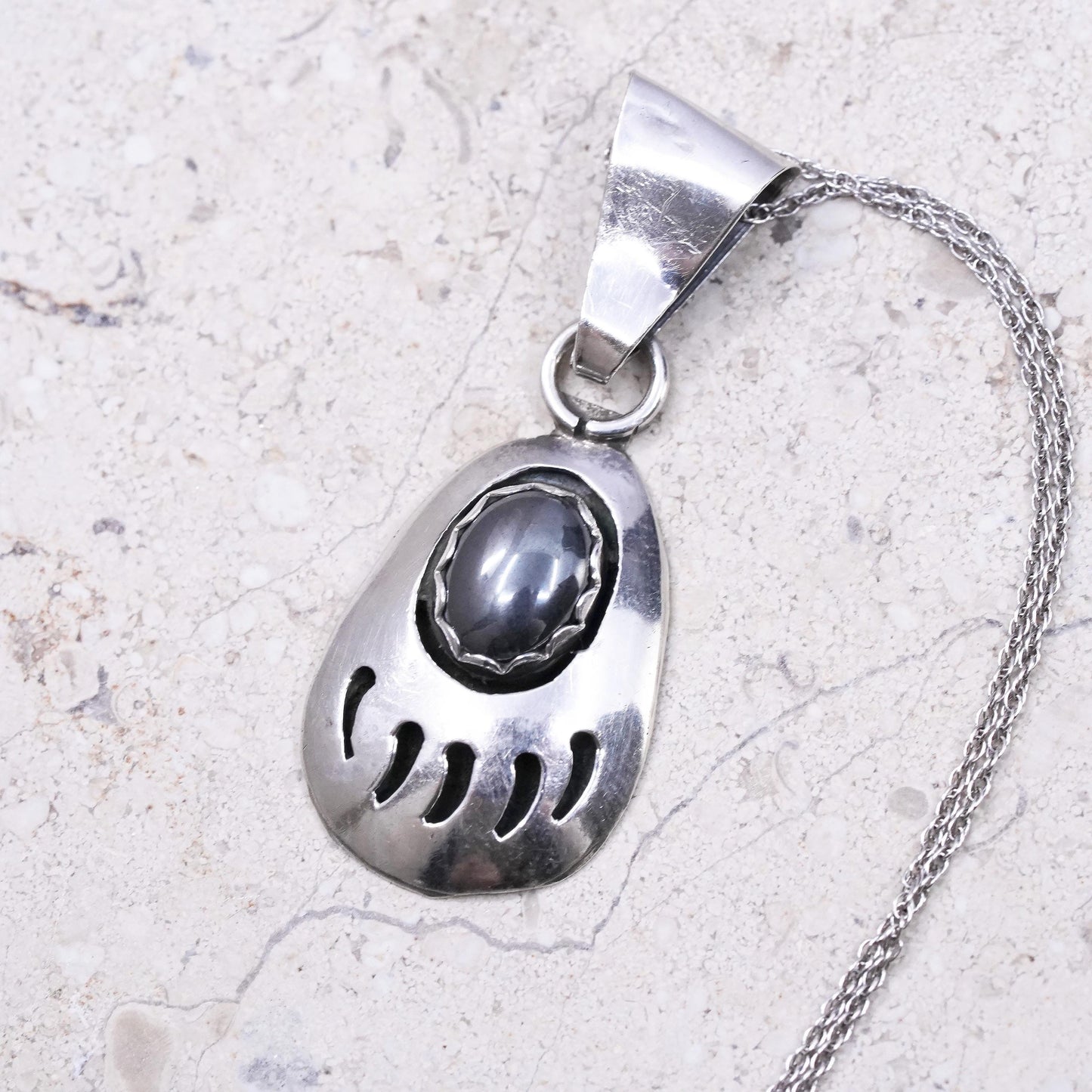 Native American Sensa Eustac Sterling 925 silver box necklace teardrop bear paw