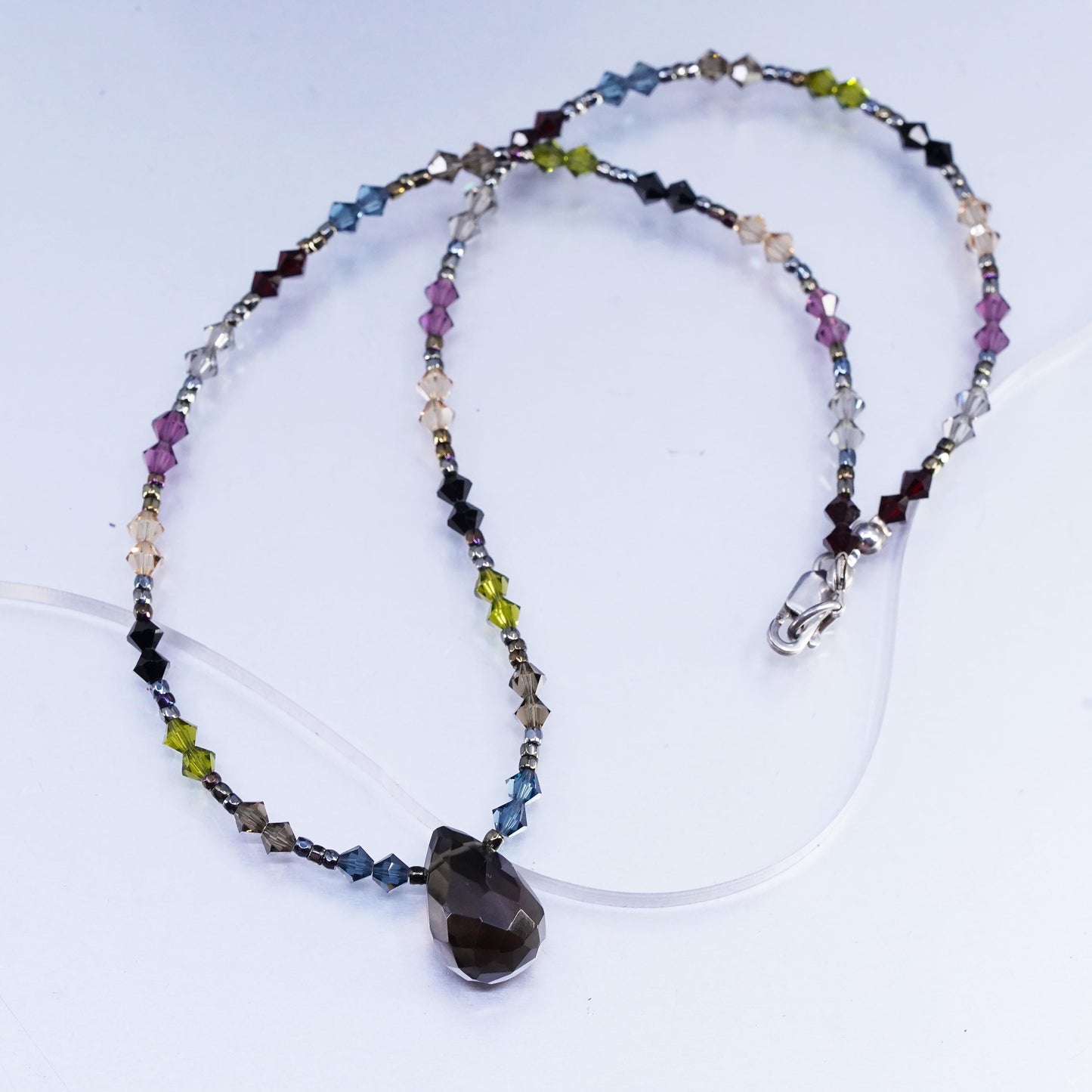 16”, Sterling 925 silver necklace crystal beads teardrop smoky quartz pendant