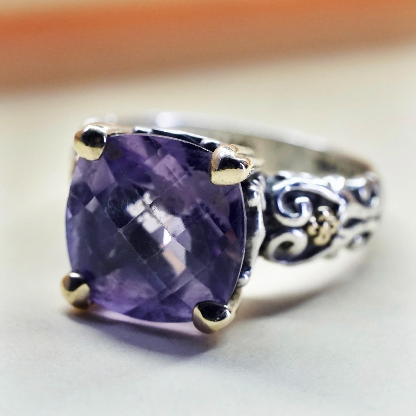 Size 7, two tone Sterling silver textured ring amethyst 14K yellow gold beads
