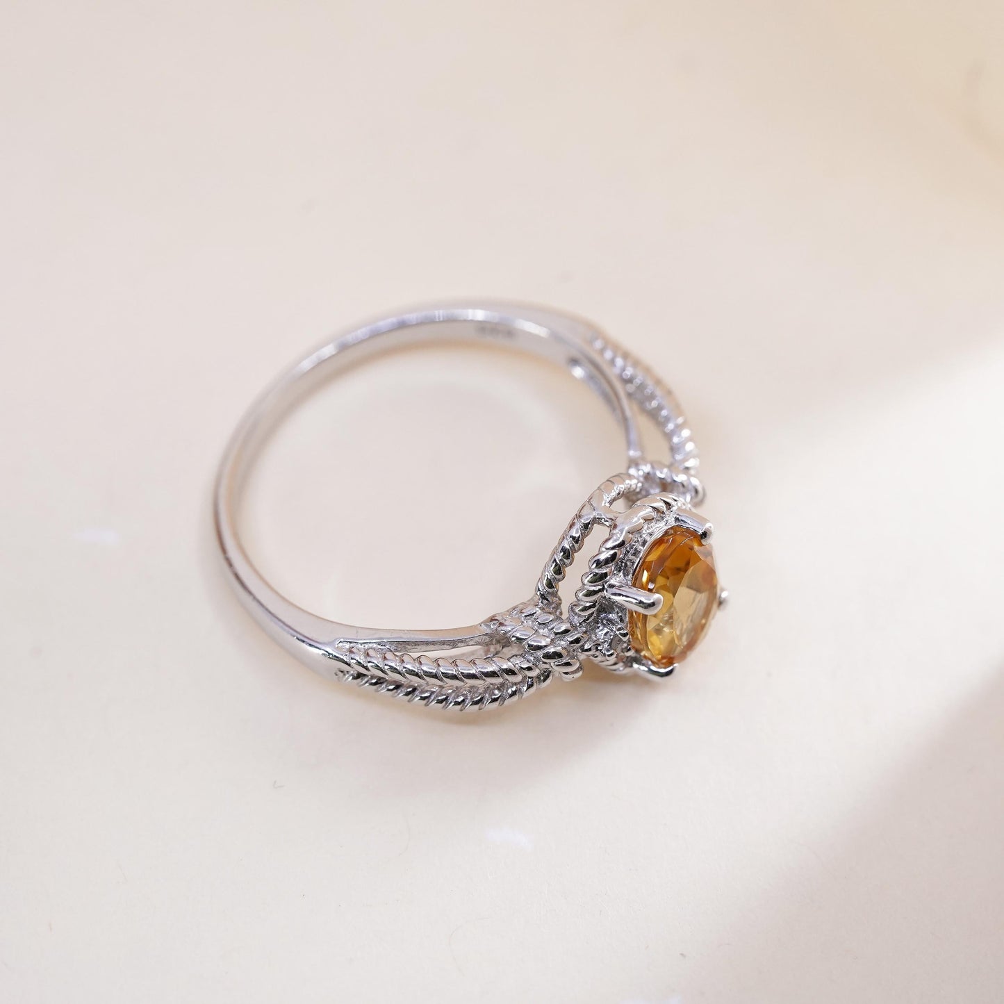 Size 10, vintage Sterling silver ring, 925 silver cable band with oval citrine