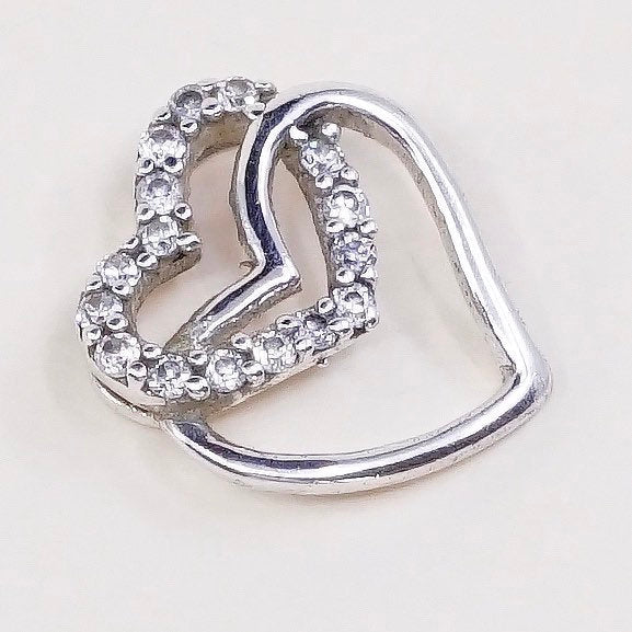 VTG sterling silver pendant, fine 925 silver double hearts w/ crystal