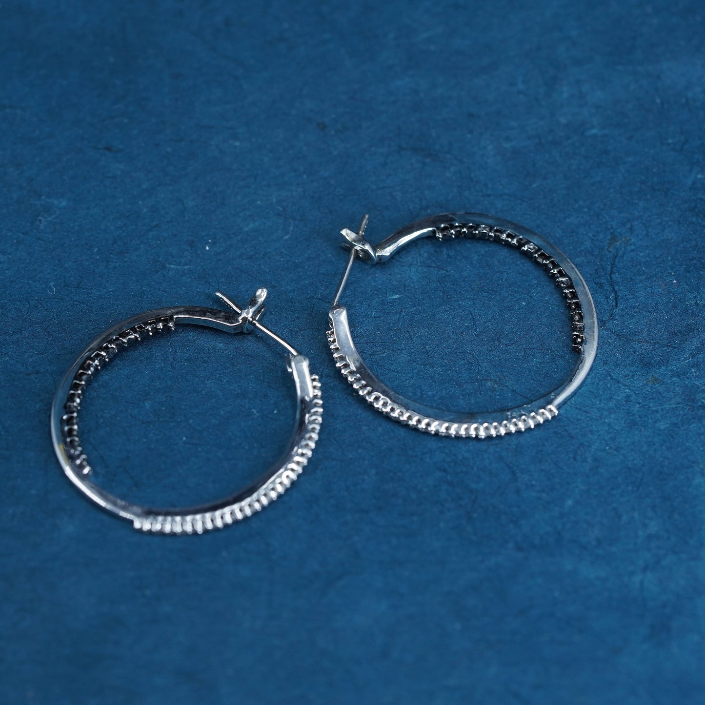 1”, Vintage Sterling silver earrings, 925 hoops, huggie with cluster diamond