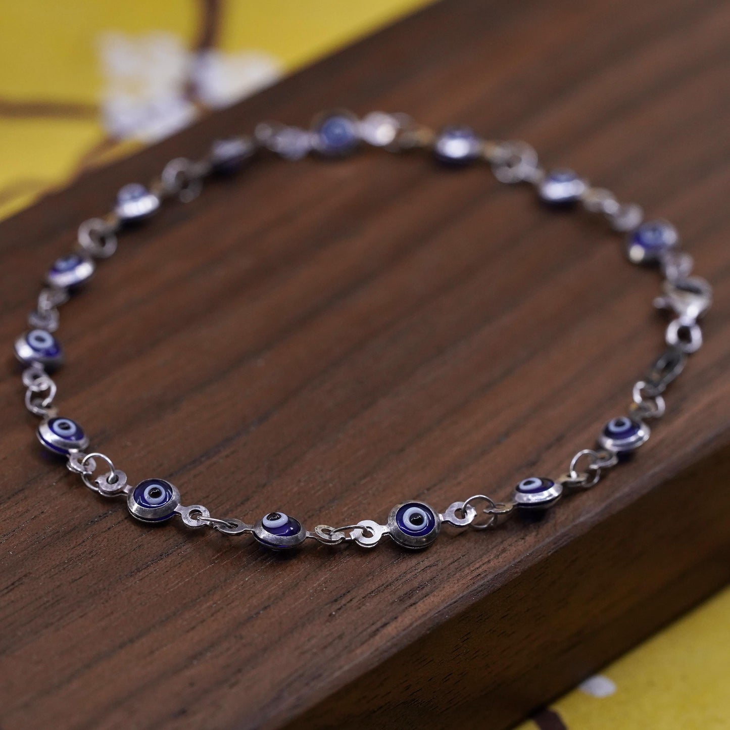 7.5", vintage sterling silver handmade bracelet, blue 925 evil eye beads