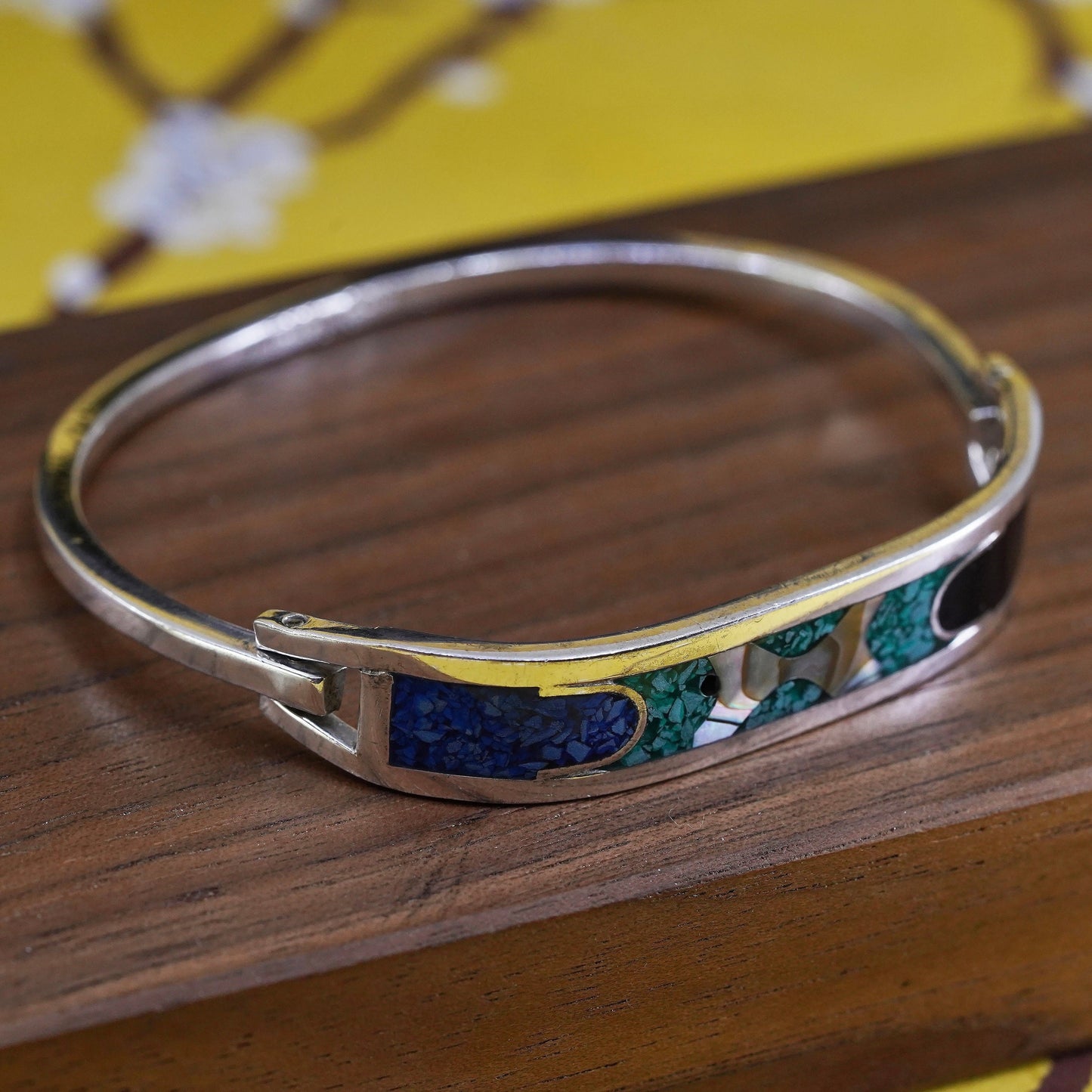 6.5”, Sterling 925 silver handmade bracelet, Mexico hinged bangle w/ turquoise
