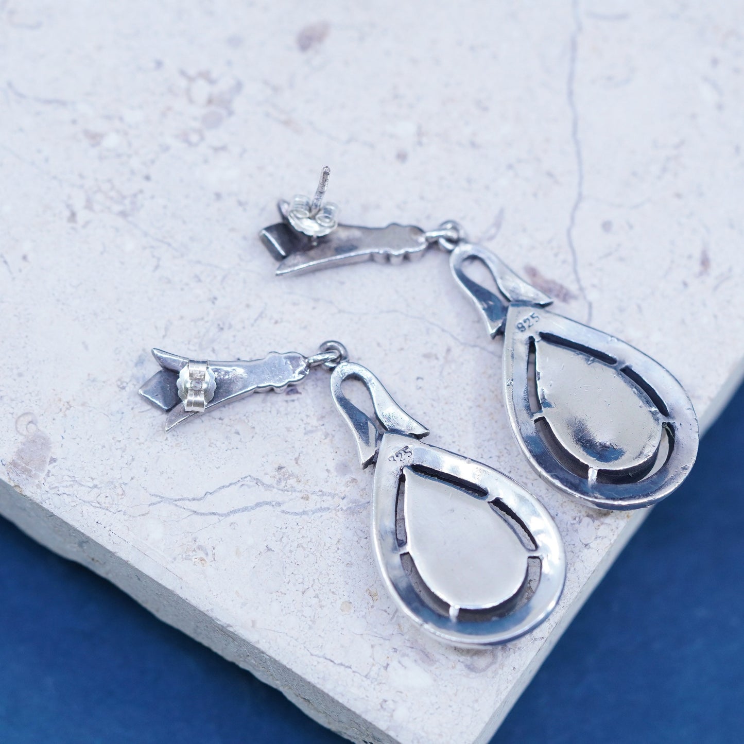 sterling 925 silver handmade teardrop earrings with obsidian and marcasite